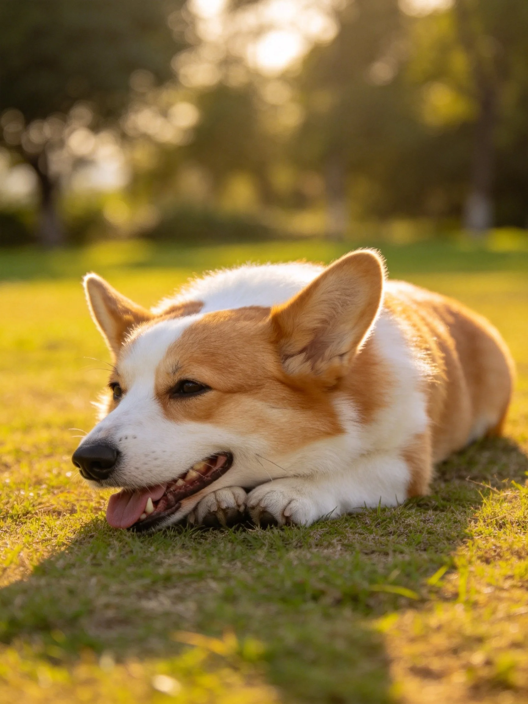A corgi rests on grass under golden sunlight with blurred trees