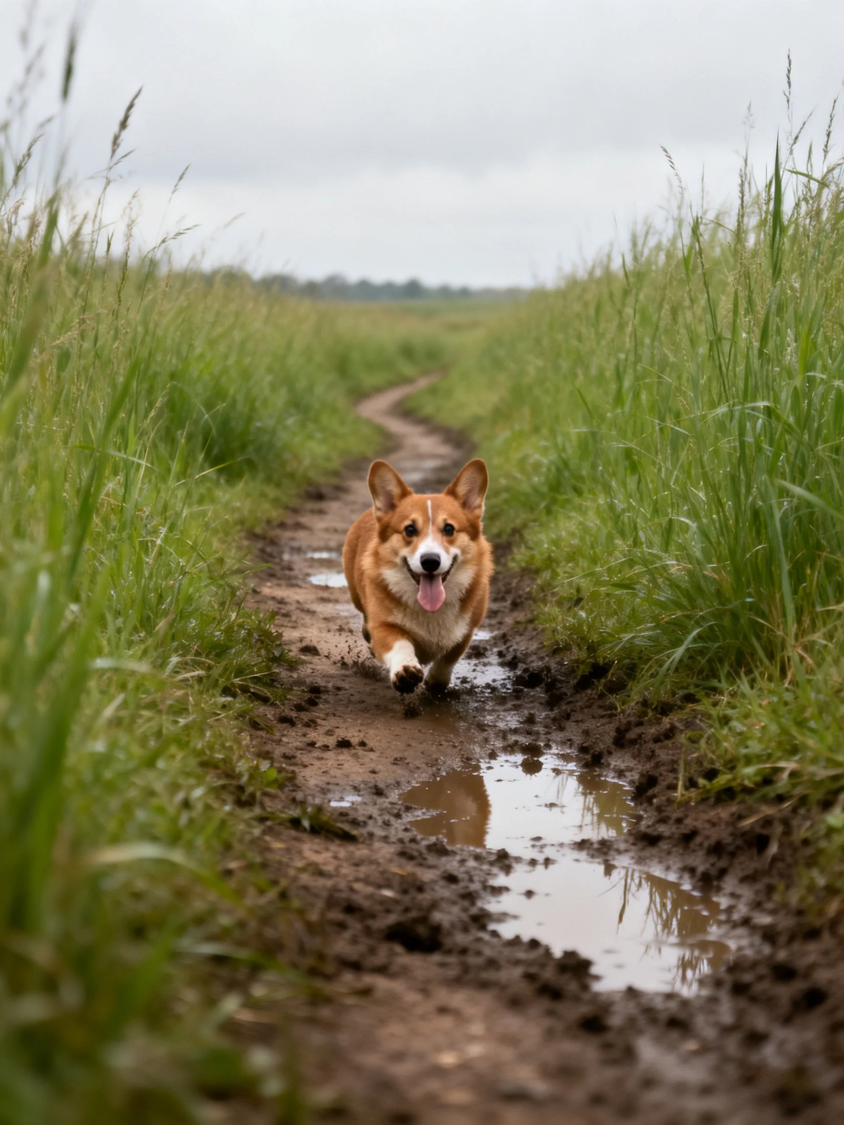 A corgi runs joyfully on a muddy path through tall green grass