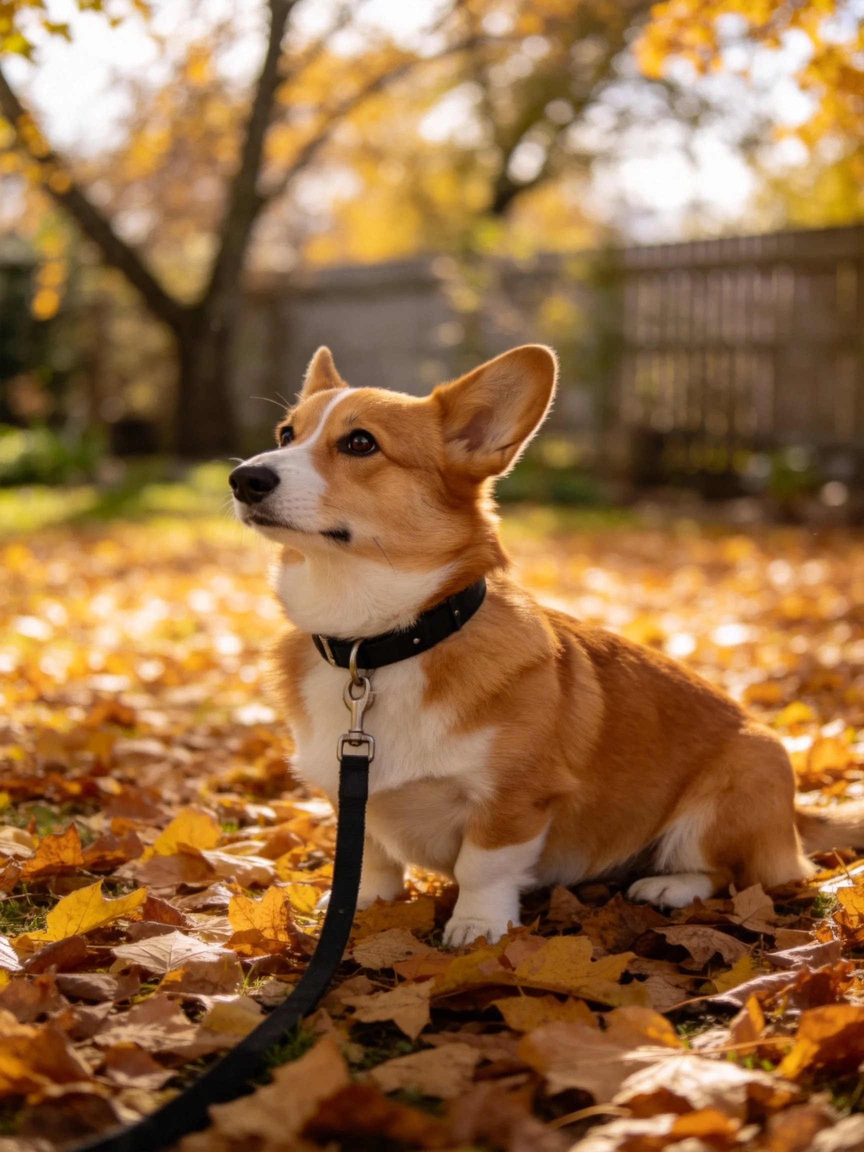 A corgi rests among fallen autumn leaves in a sunlit outdoor area