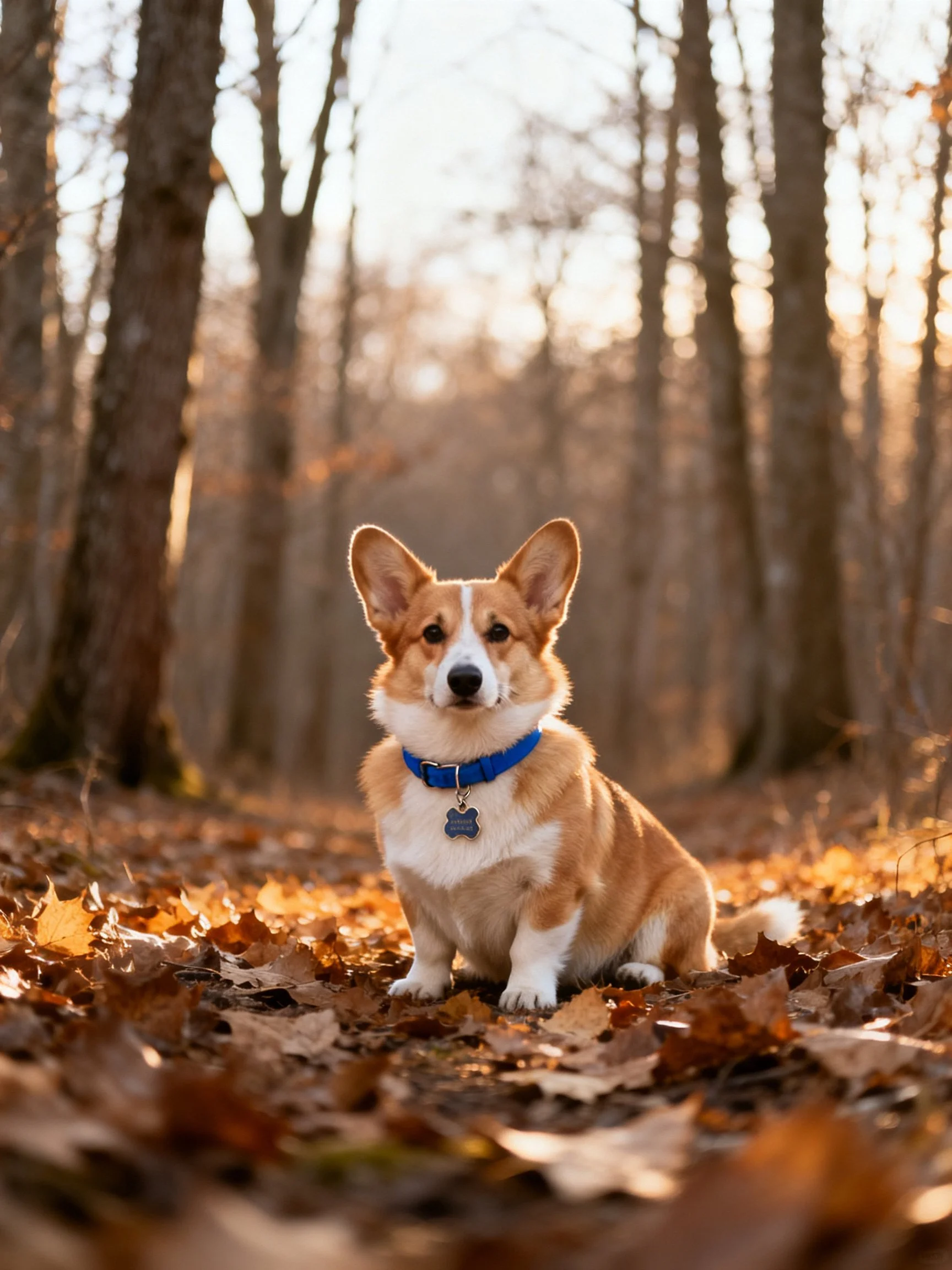 A corgi rests calmly among fallen leaves in a sunlit forest.