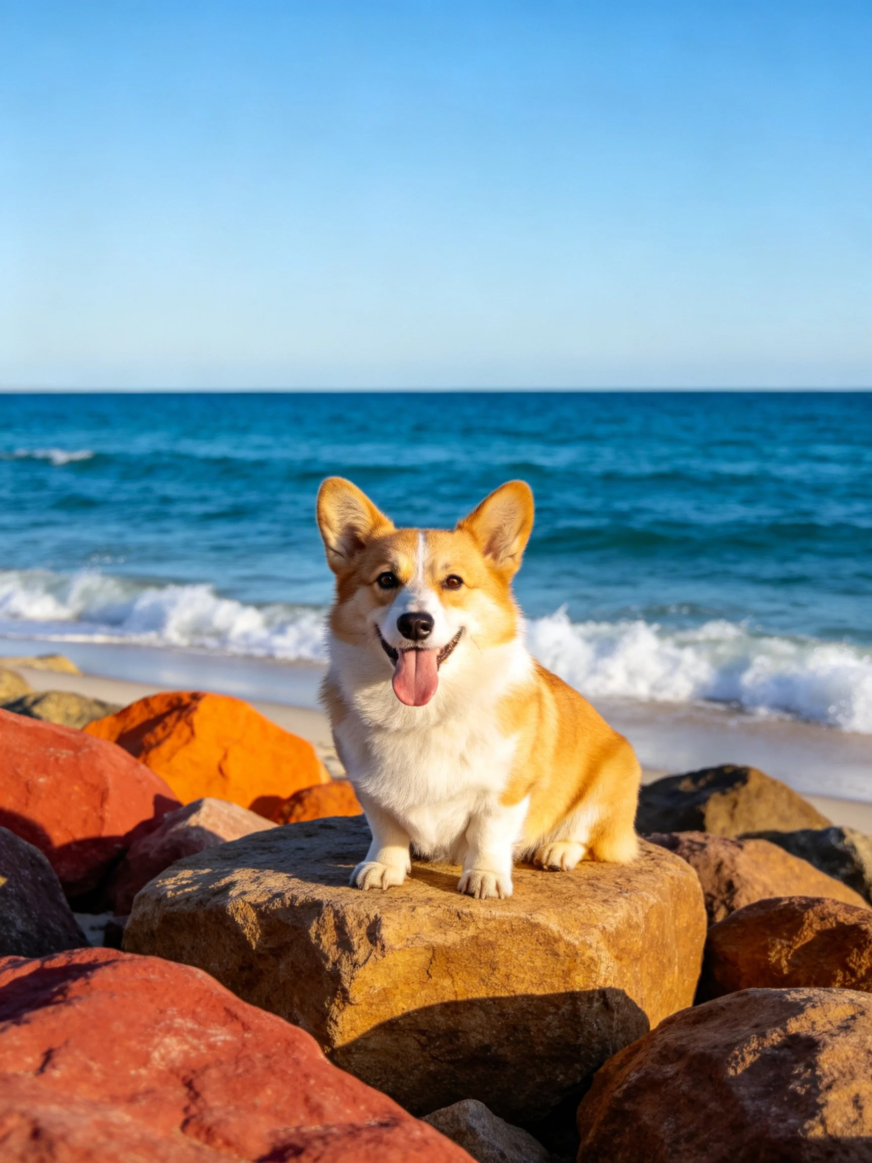 A corgi rests on rocks by the shoreline with the ocean in the background.
