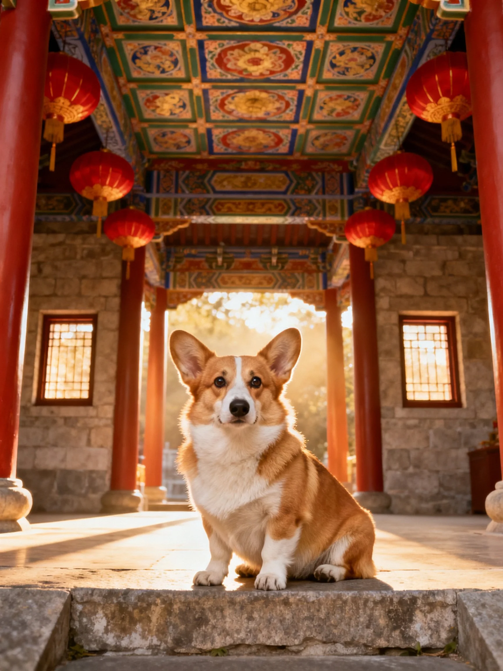 A corgi rests near a historic stone building adorned with red lanterns.