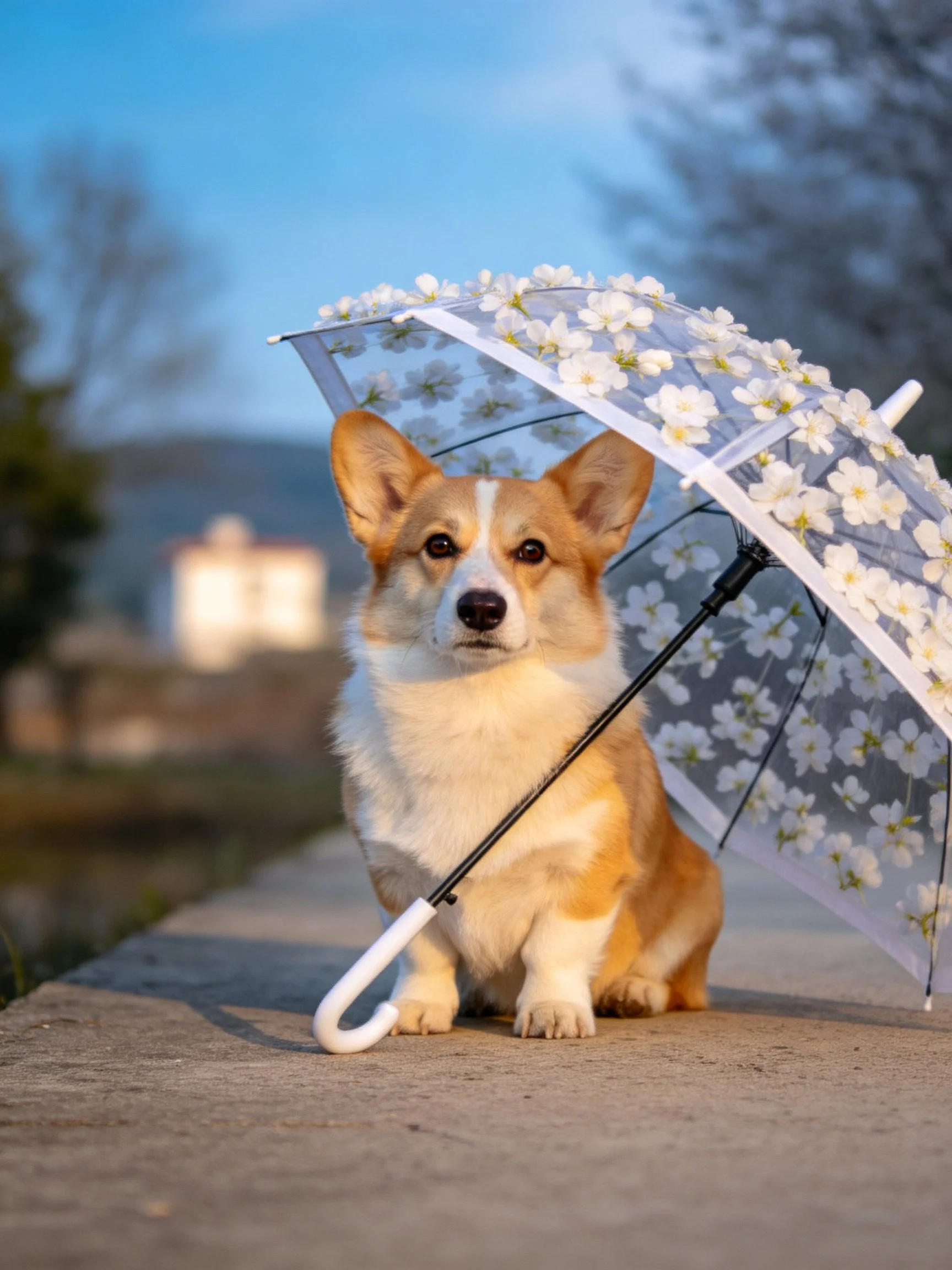 A corgi sits beneath a white flowered umbrella on a concrete path