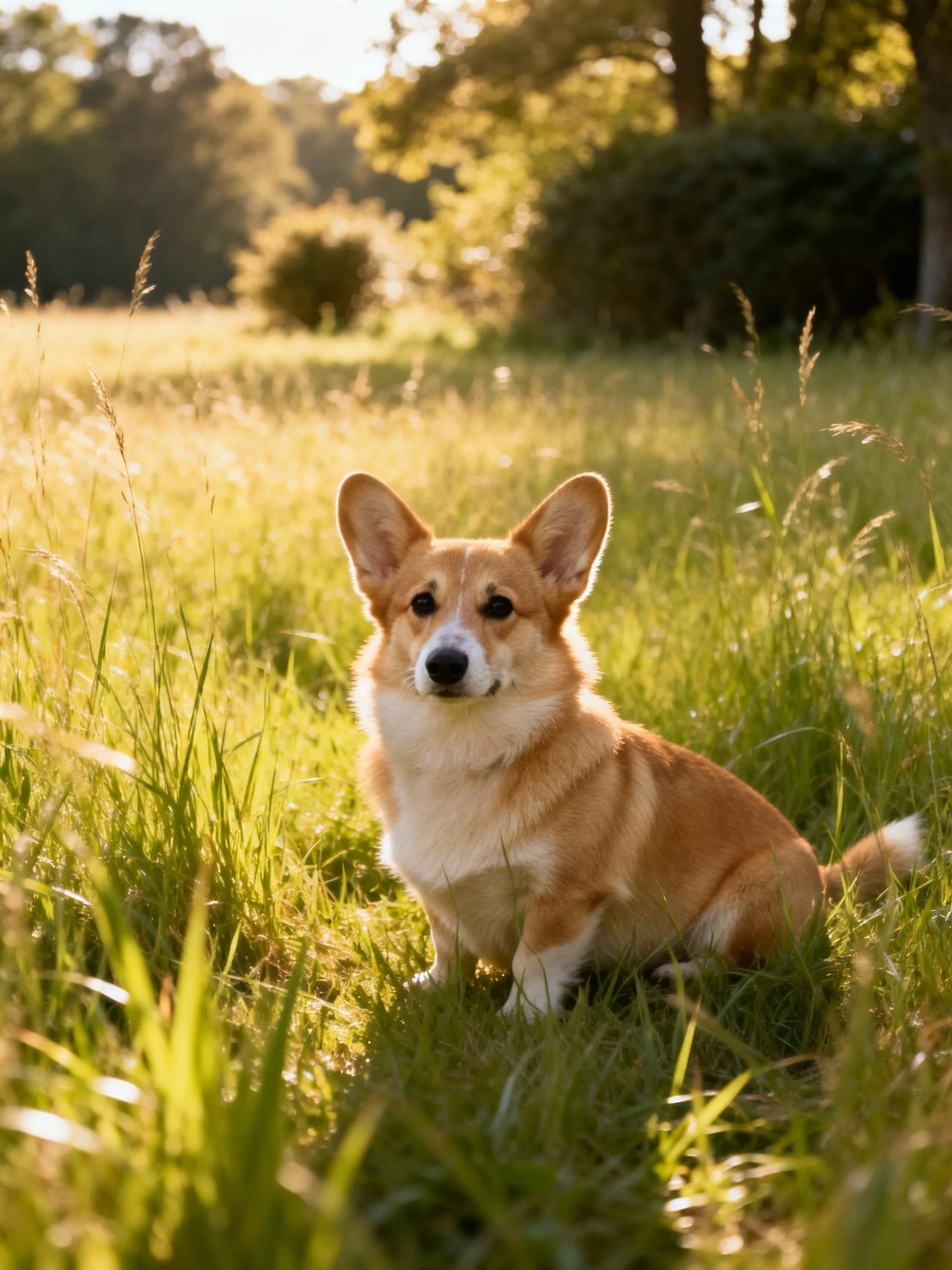 A corgi sits in a sun-drenched grassy field near trees