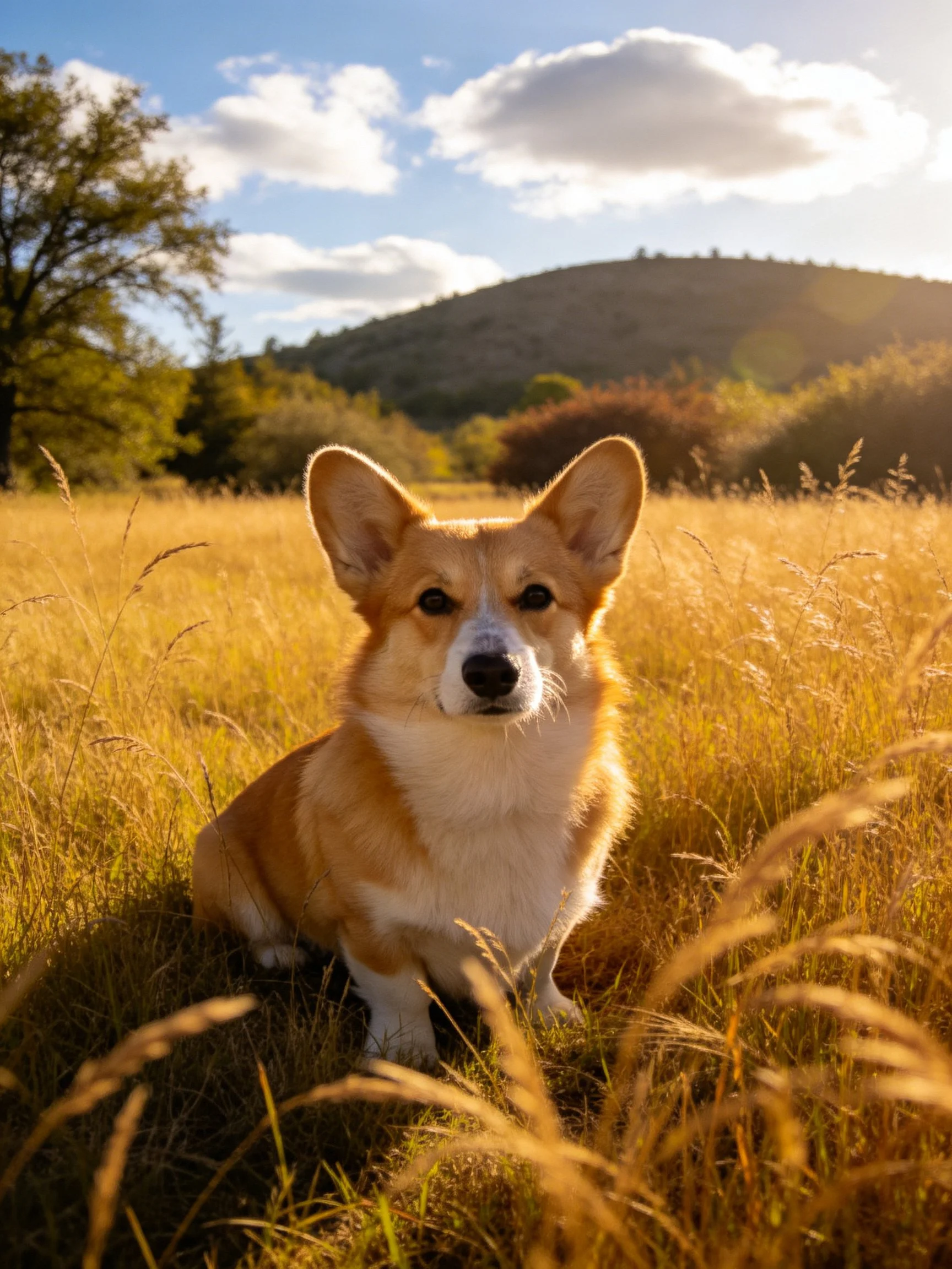A corgi sits in a sunlit golden field among natural surroundings.