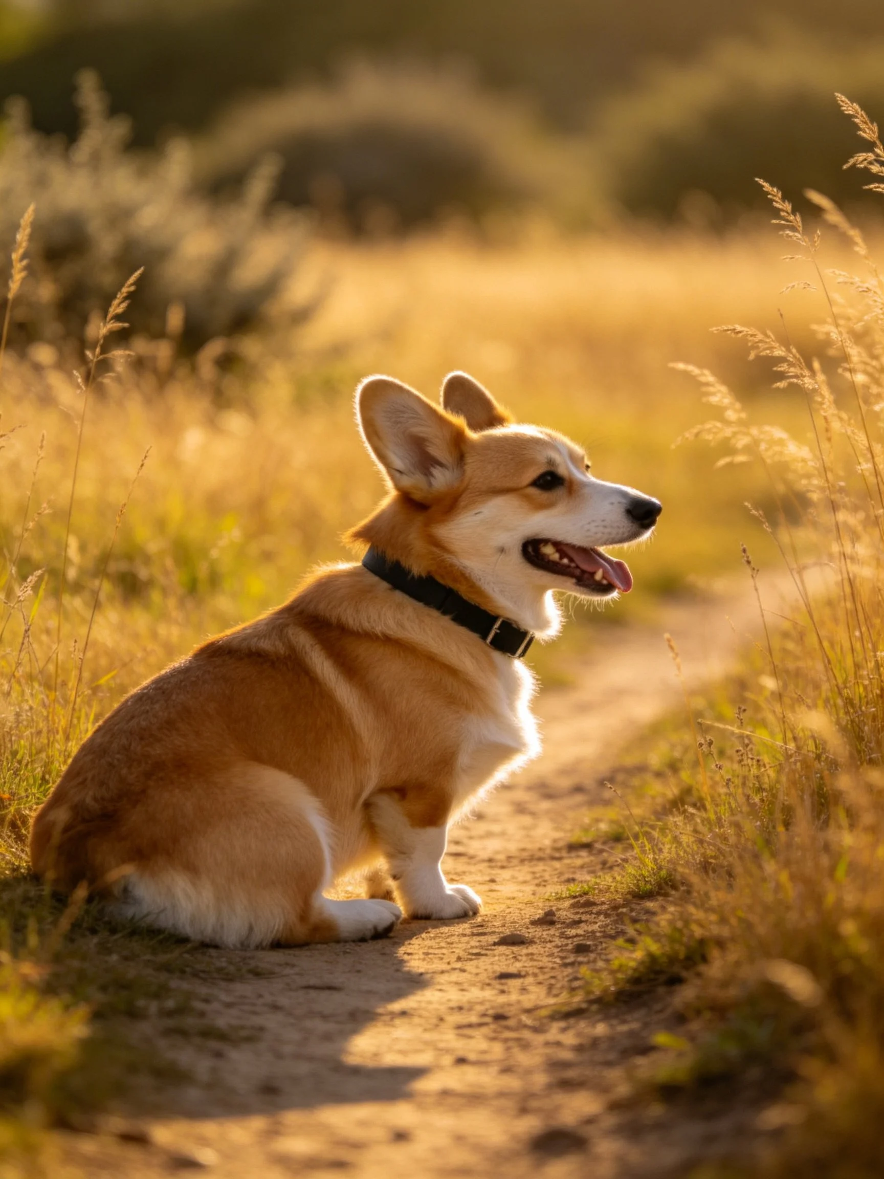 A corgi rests on a dirt path surrounded by tall golden grasses in a sunlit landscape.