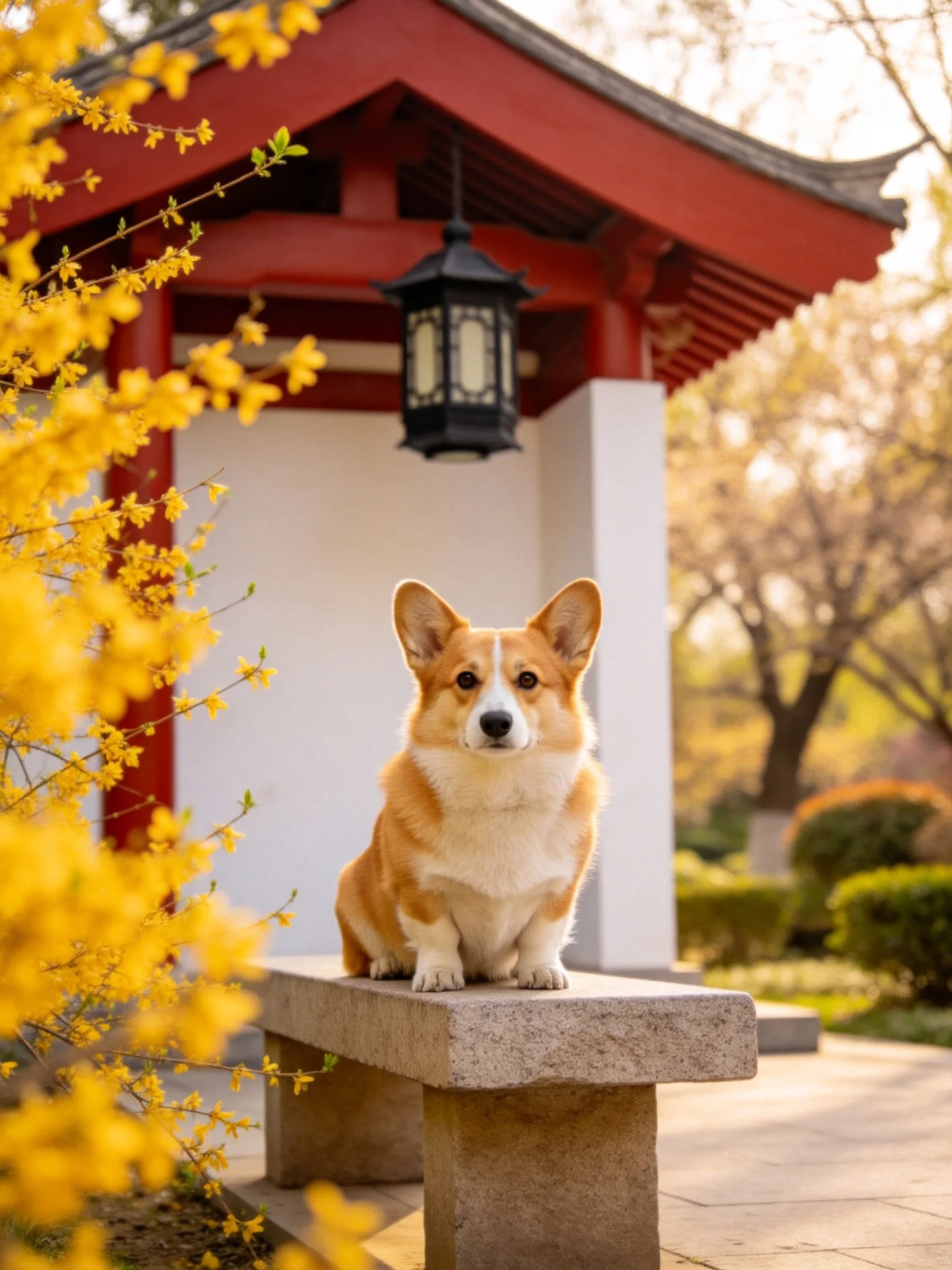 A corgi sits on a stone bench near vibrant yellow blooms and a red pavilion