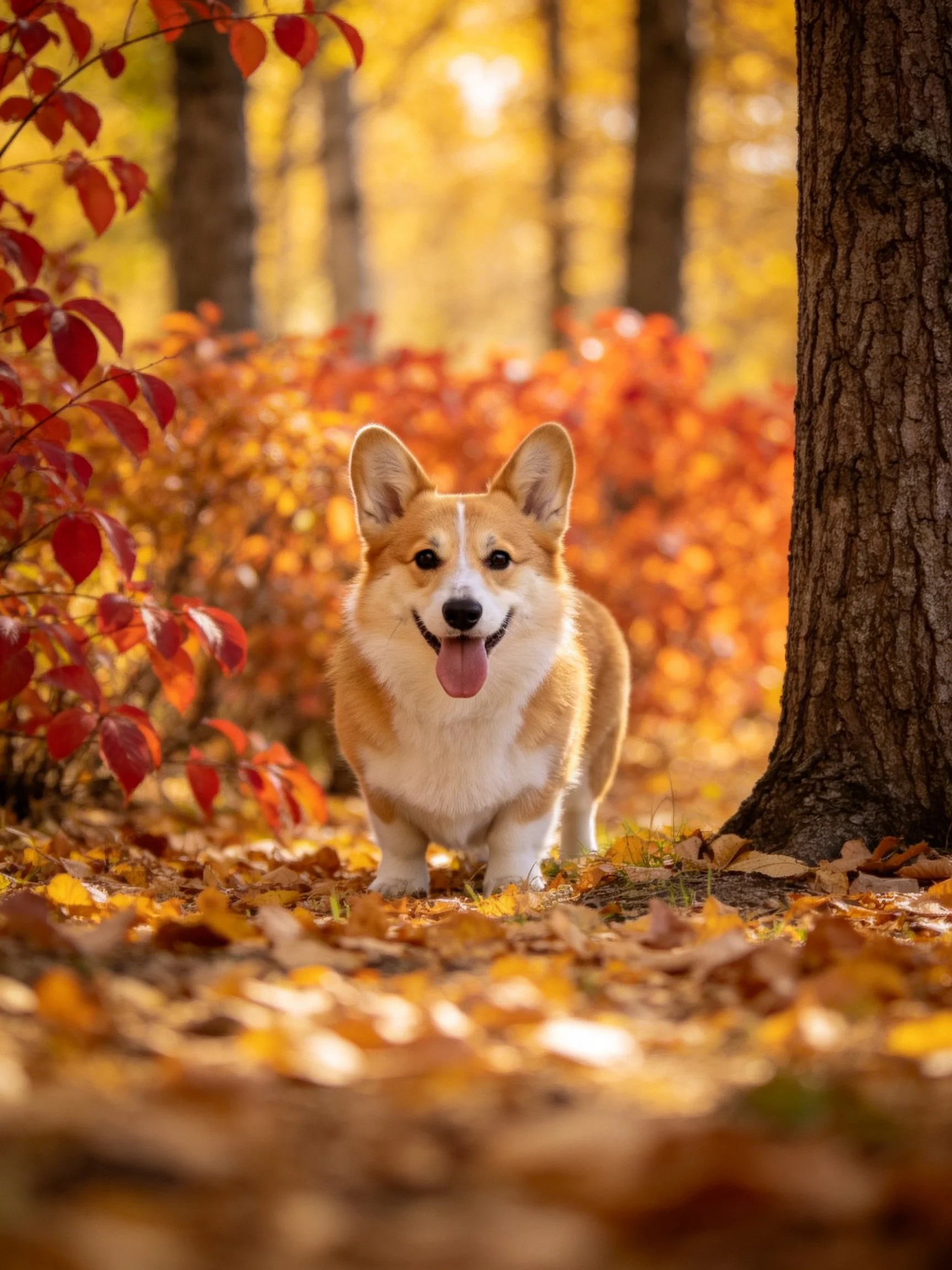 A corgi stands among vibrant autumn foliage in a sunlit forest