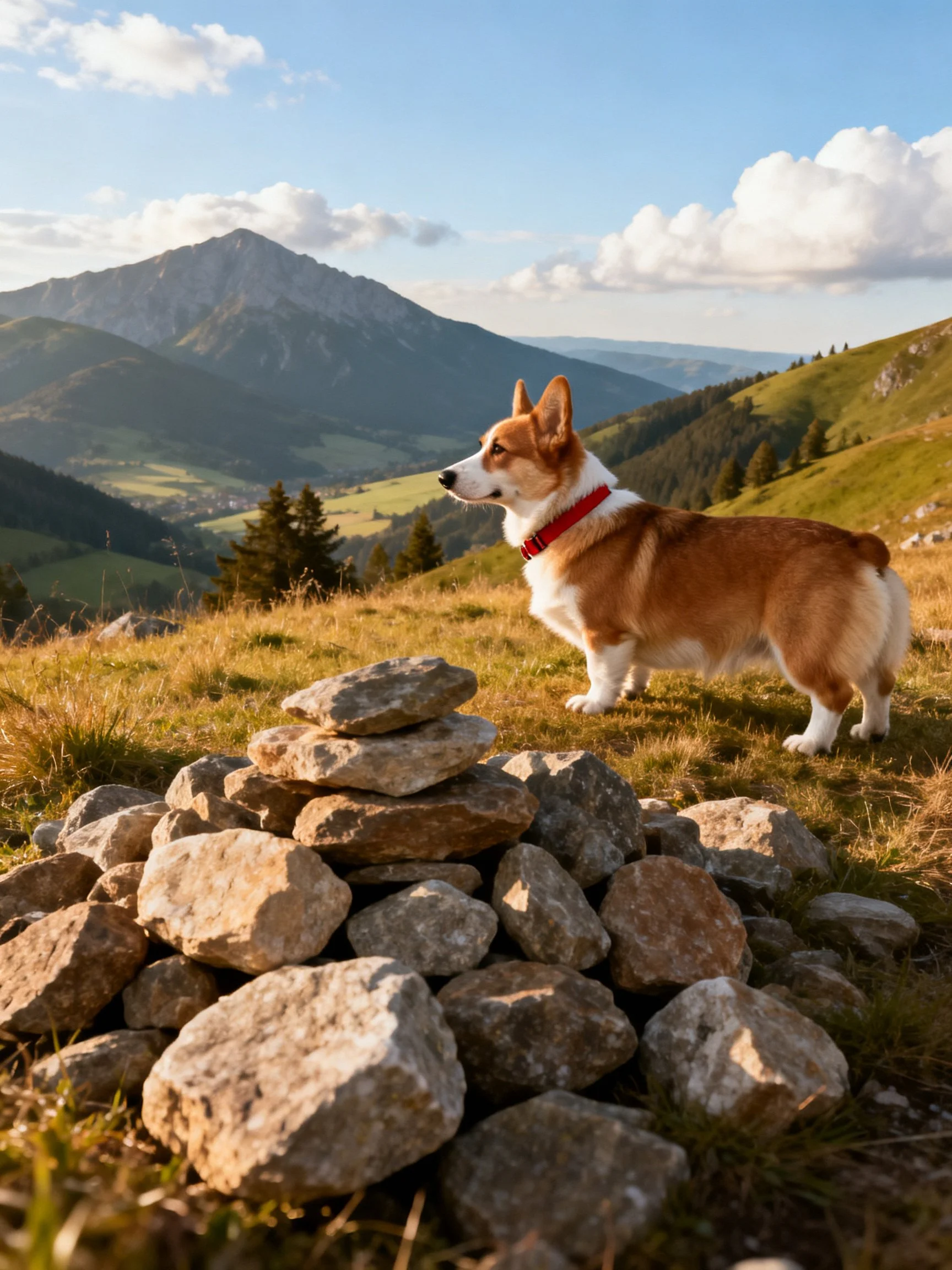 A corgi stands near stacked stones in mountainous green terrain under sunny skies