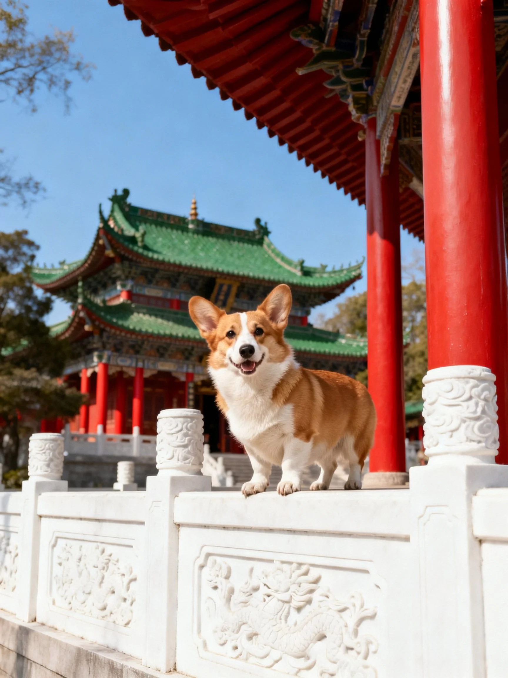 A corgi stands near traditional Chinese architecture with red pillars