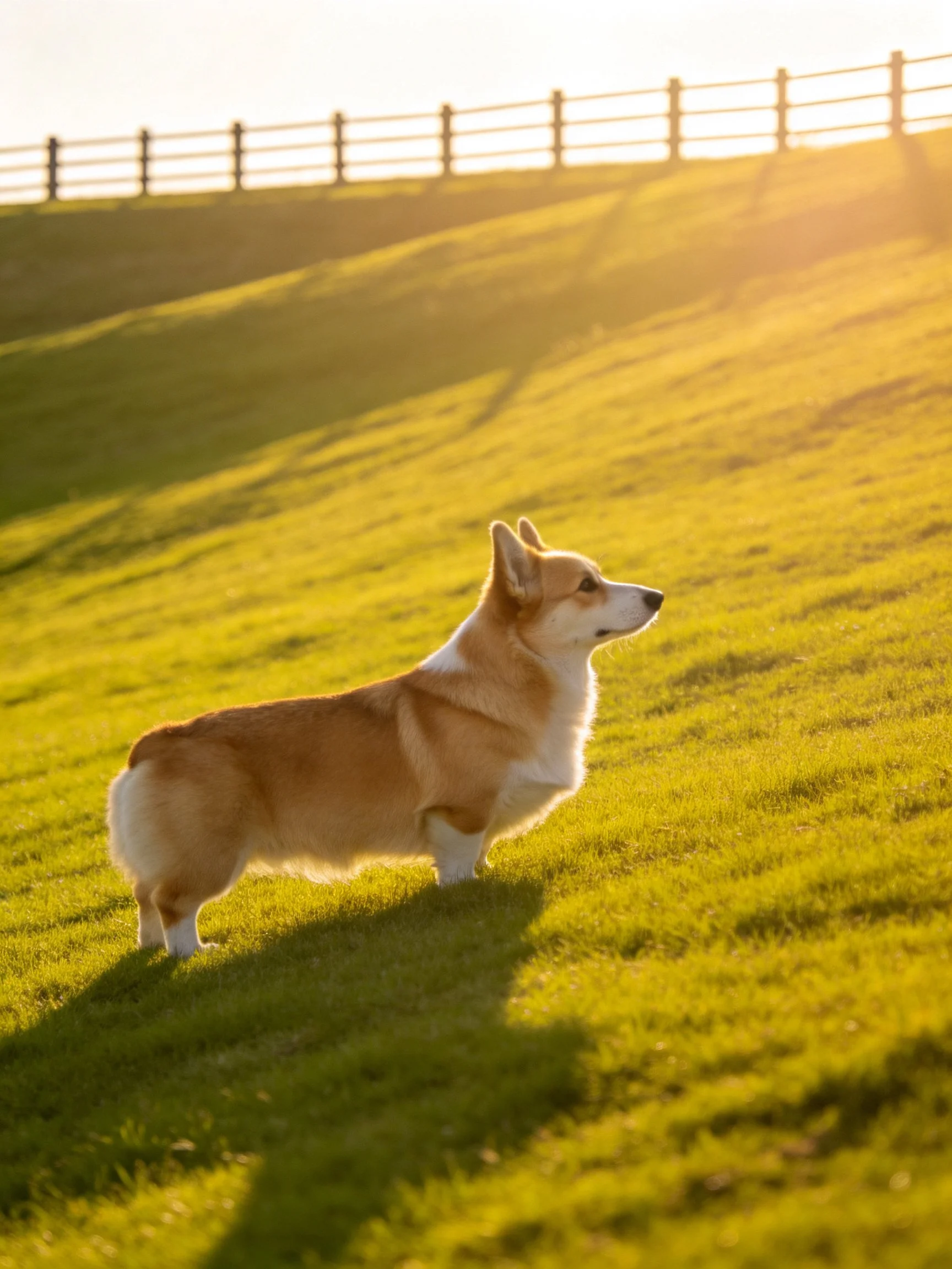 A corgi stands on a golden grassy hillside near a wooden fence