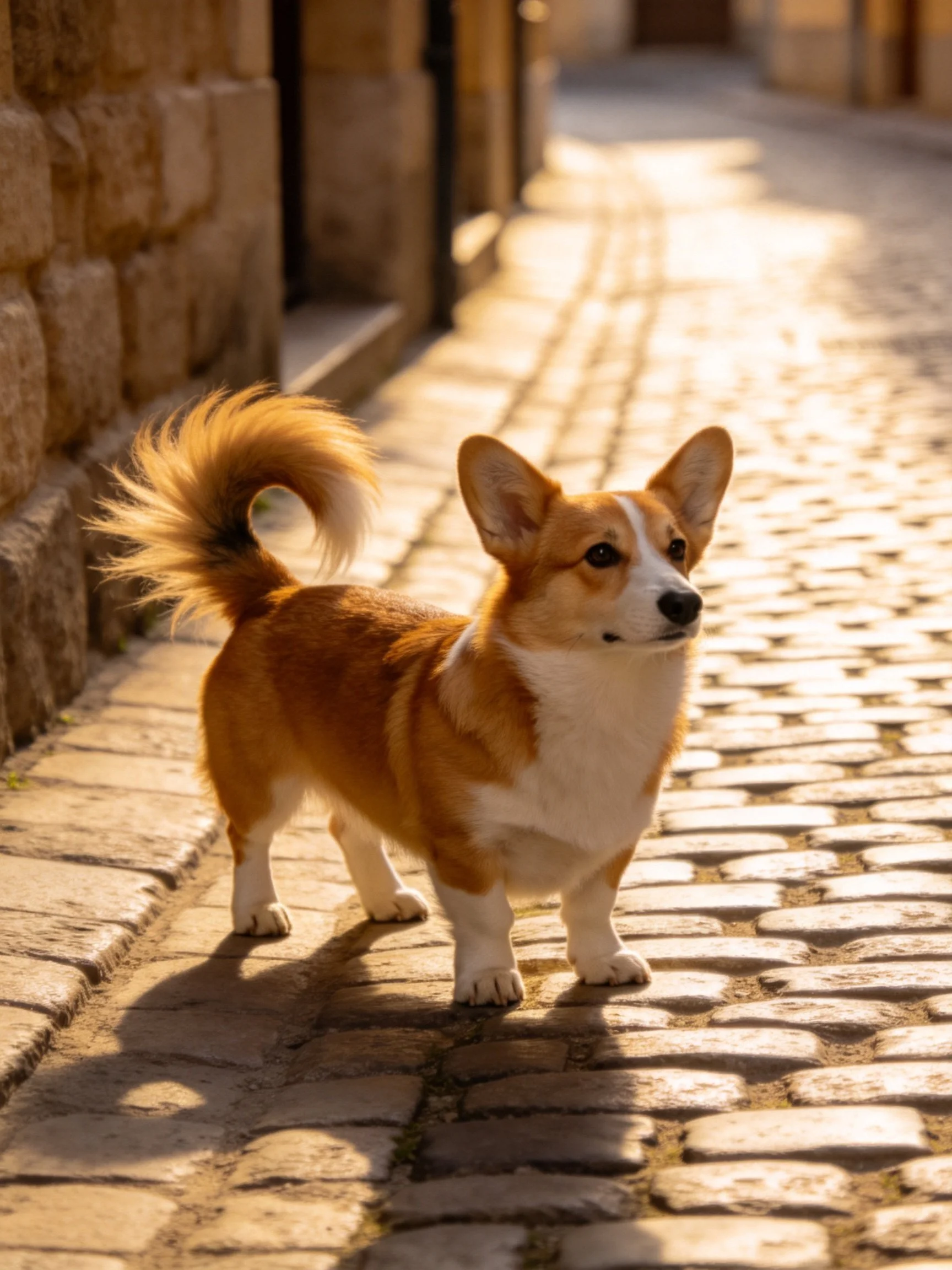 A corgi stands on a sunlit cobblestone street with stone structures nearby.