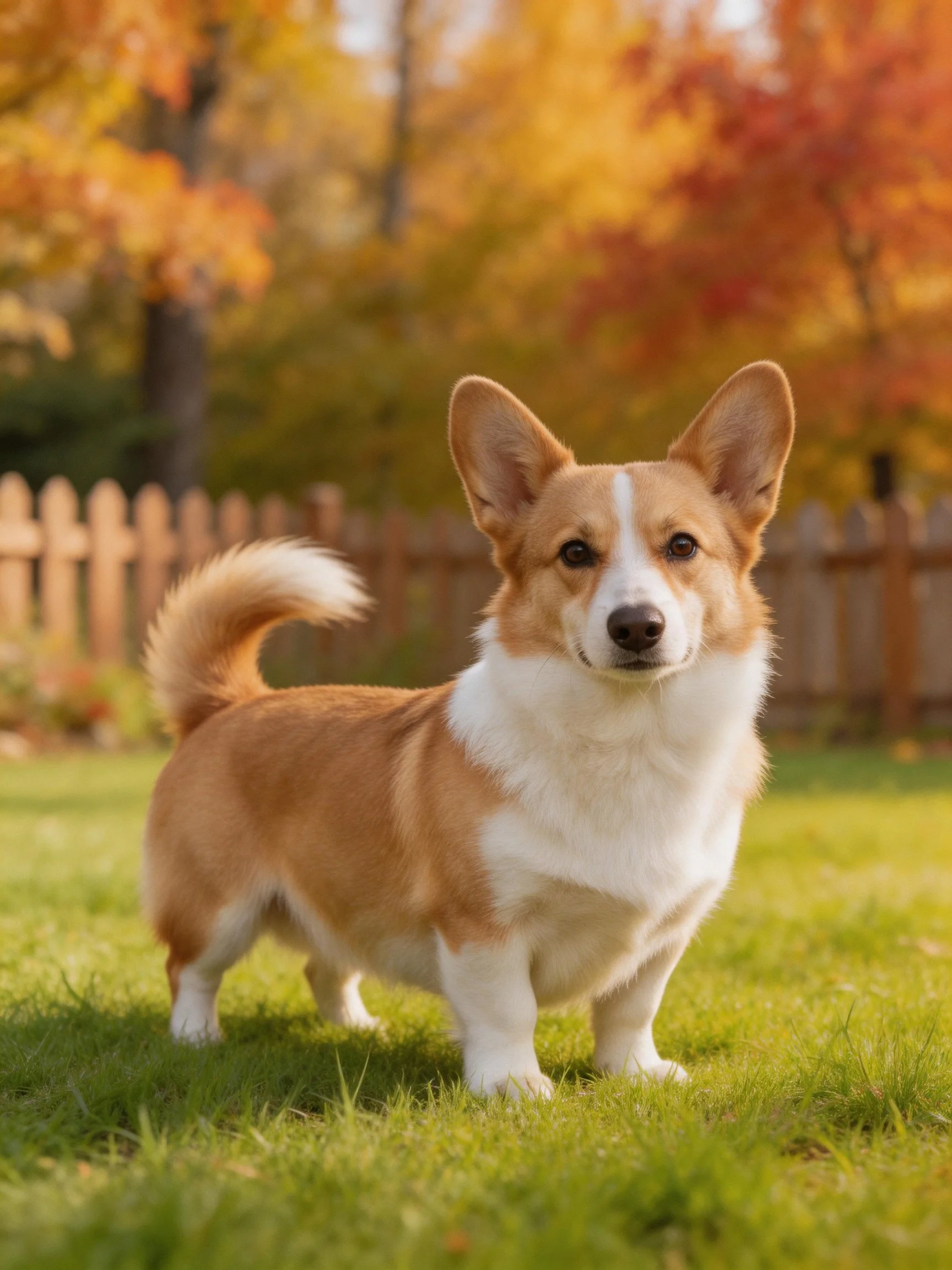 A corgi stands on a grassy lawn near autumn scenery and a wooden fence