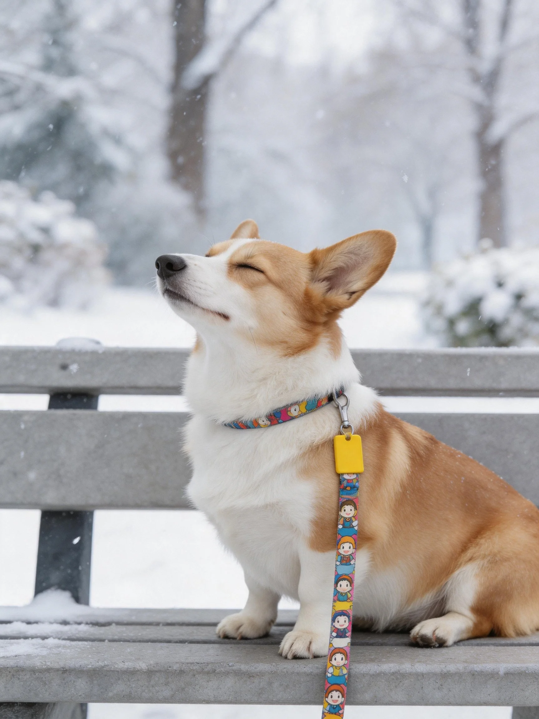 A corgi with a decorated collar relaxes on a snowy park bench