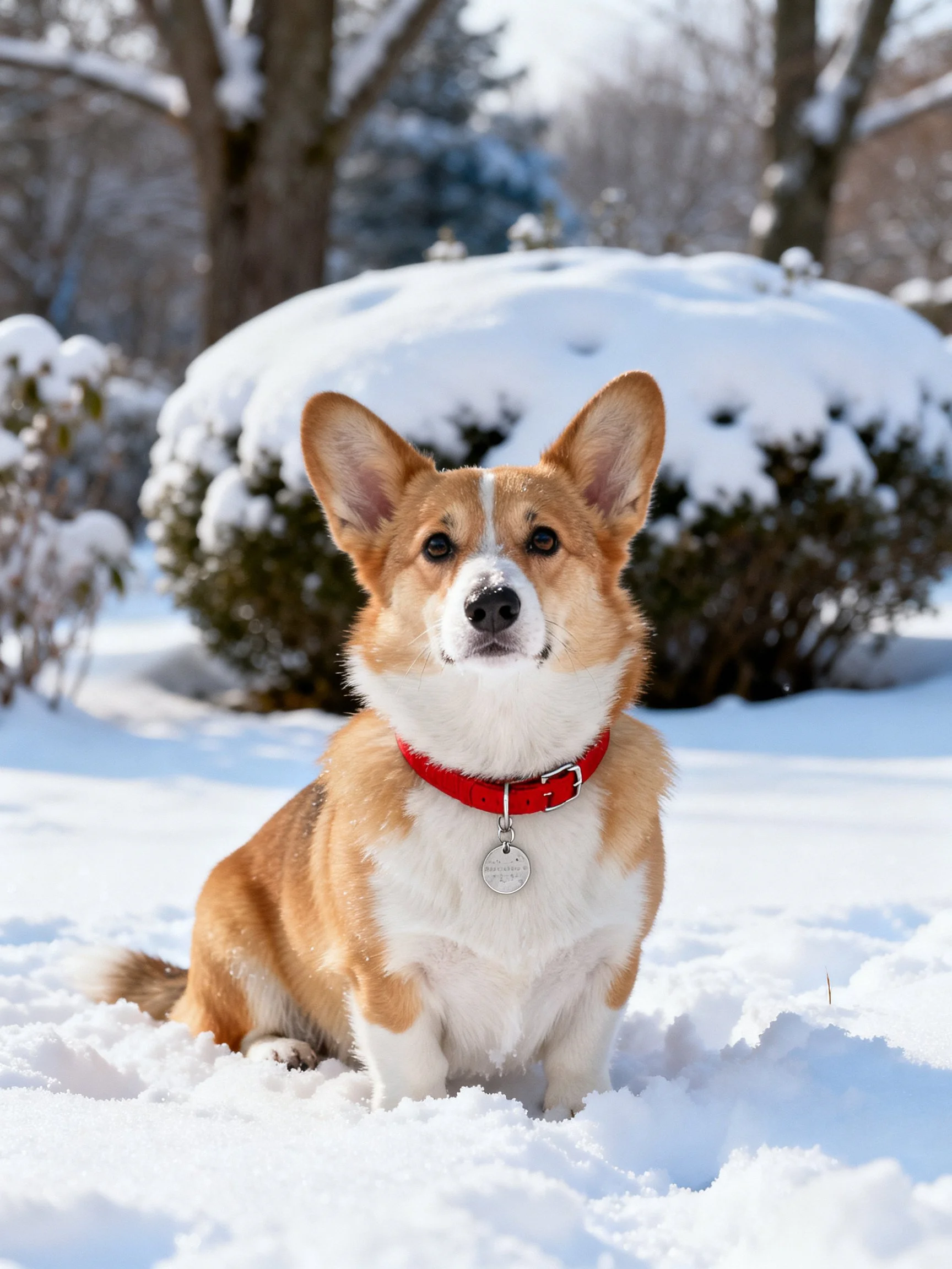 A corgi with a red collar sits in snow near snow-covered bushes