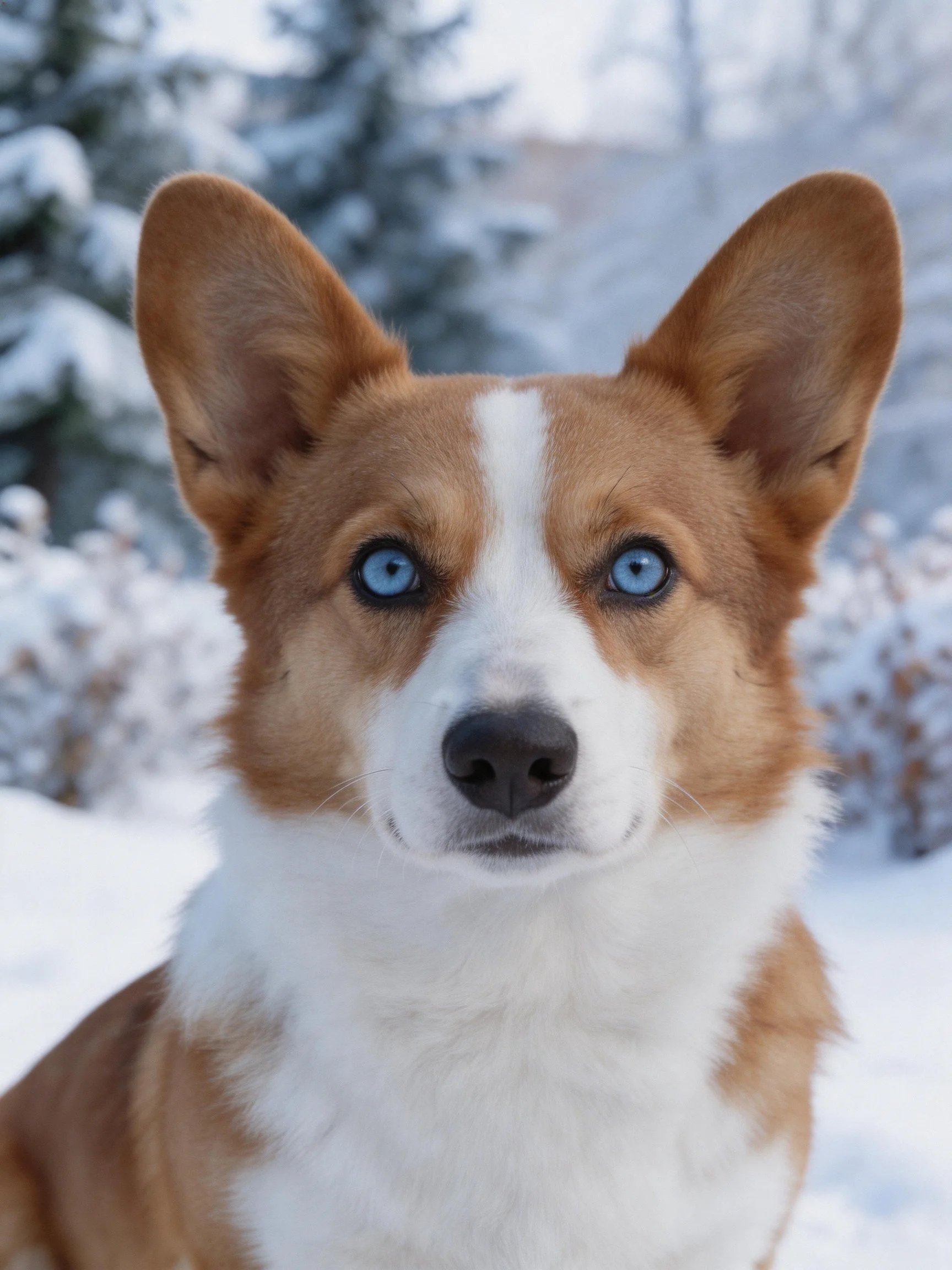 A corgi with blue eyes is depicted in a snowy outdoor scene.