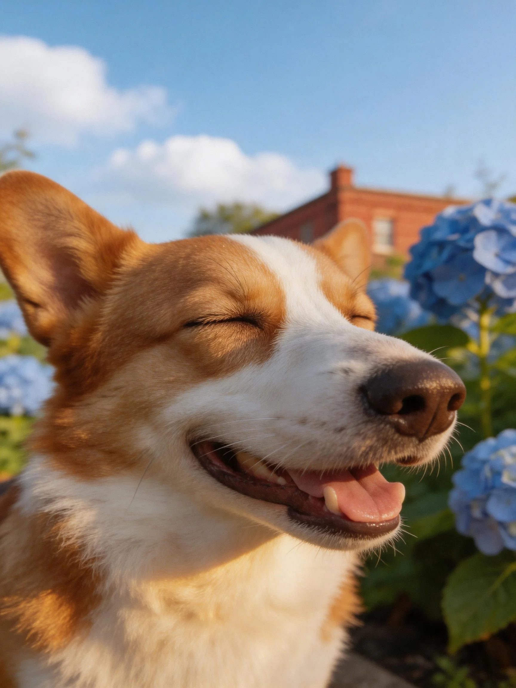 A corgi with tan and white fur relaxes among blue hydrangeas under bright sky