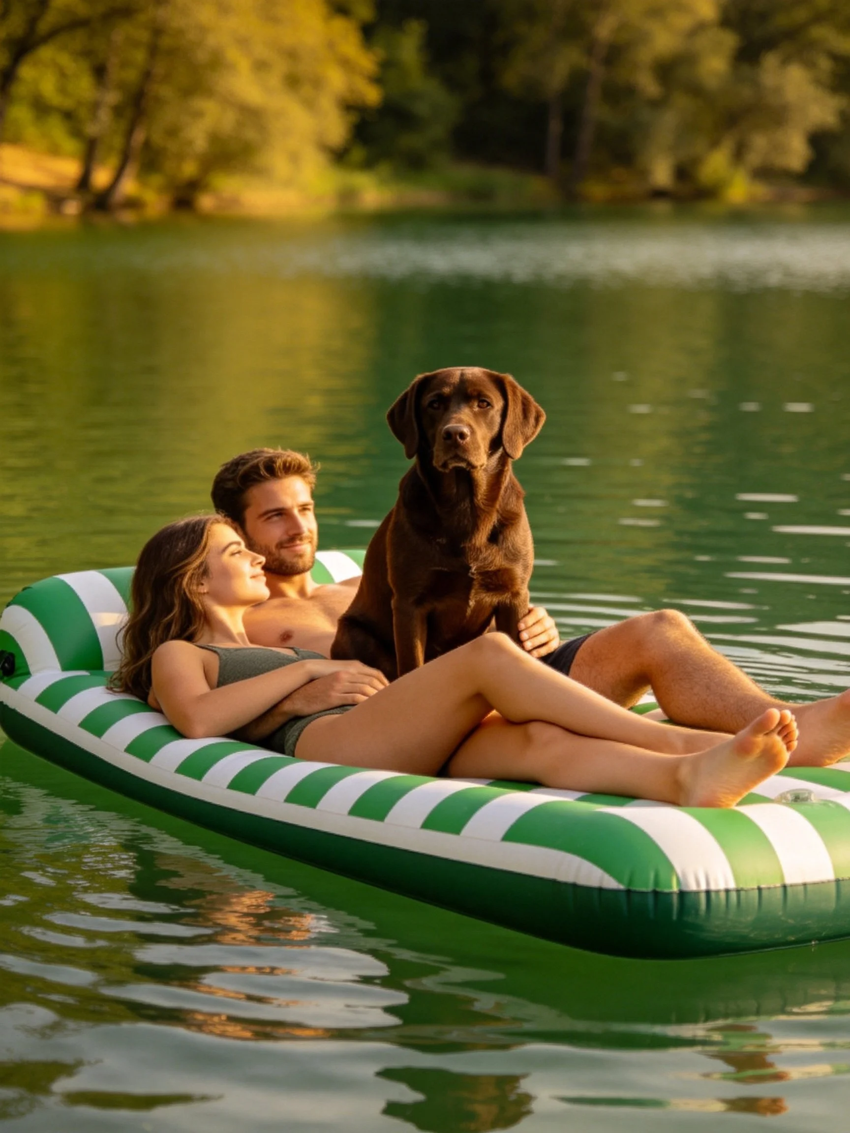 A couple and their dog relax on a floating inflatable raft amid calm waters.