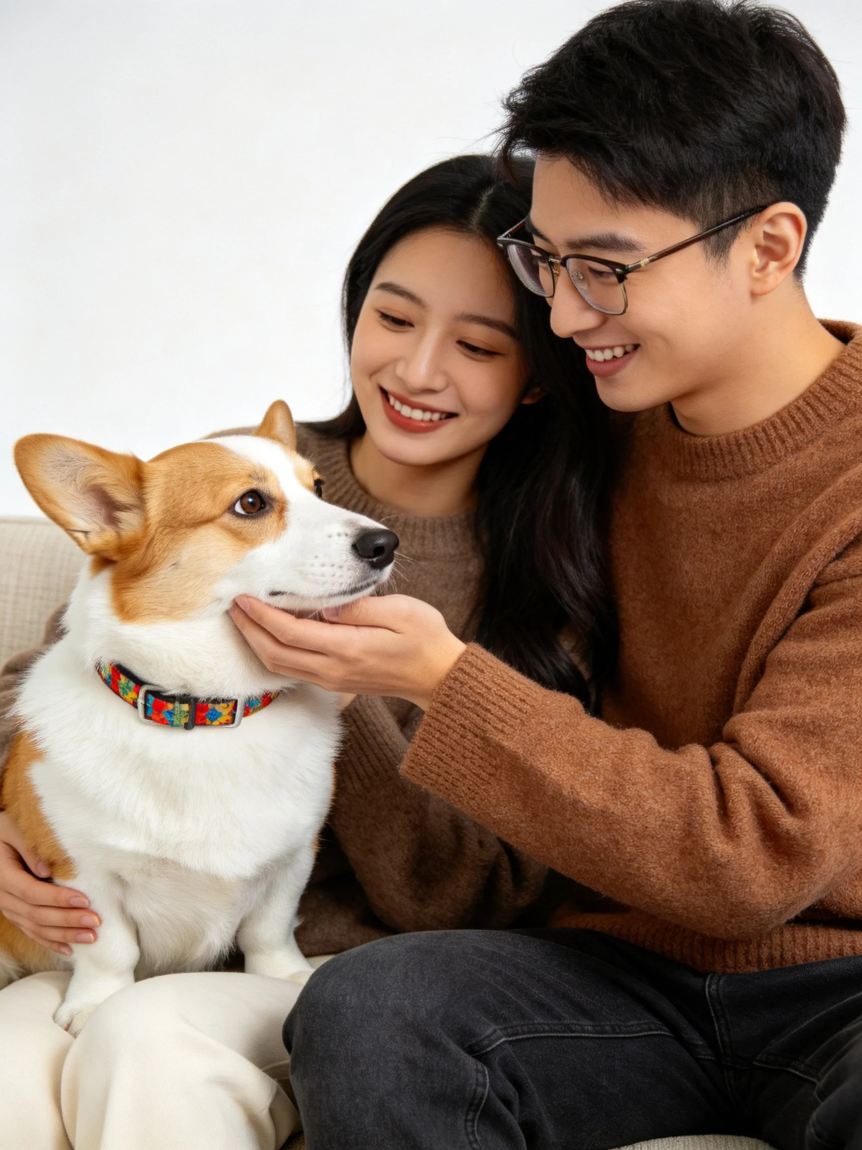 A couple in brown sweaters with a corgi wearing a colorful collar