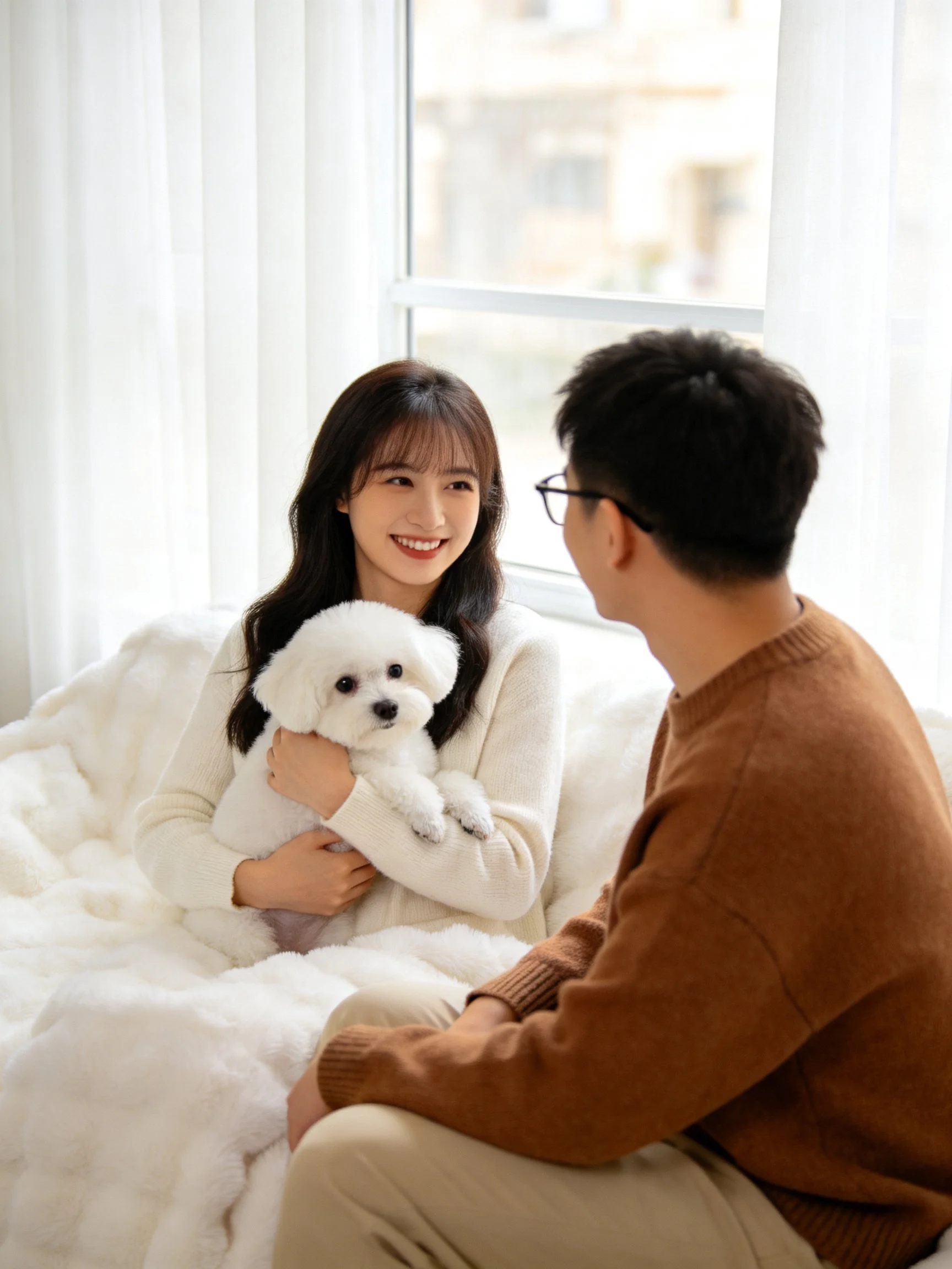 A couple relaxing indoors with a small white dog