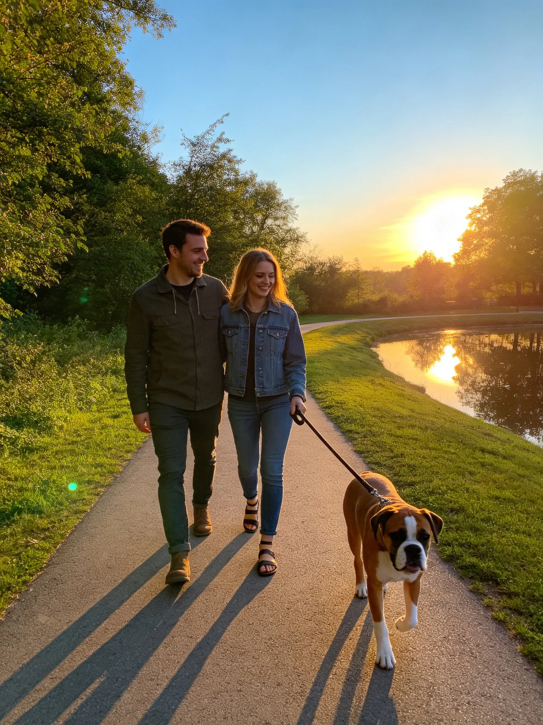 A couple walks their dog along a sunlit path by a lake during sunset