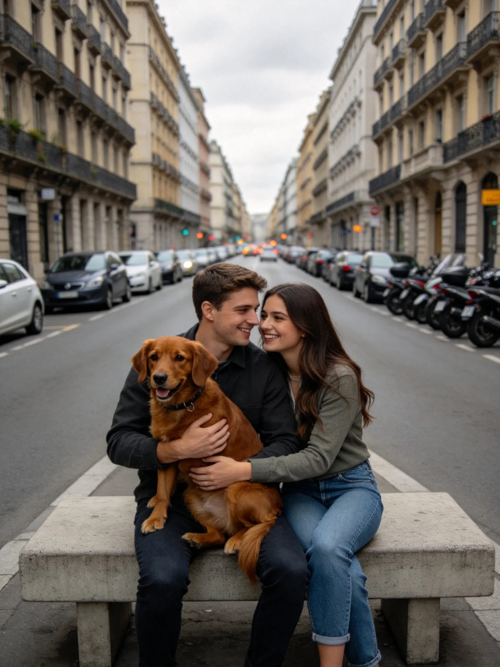 A couple and their golden retriever sit together on a concrete bench in a wide city street.