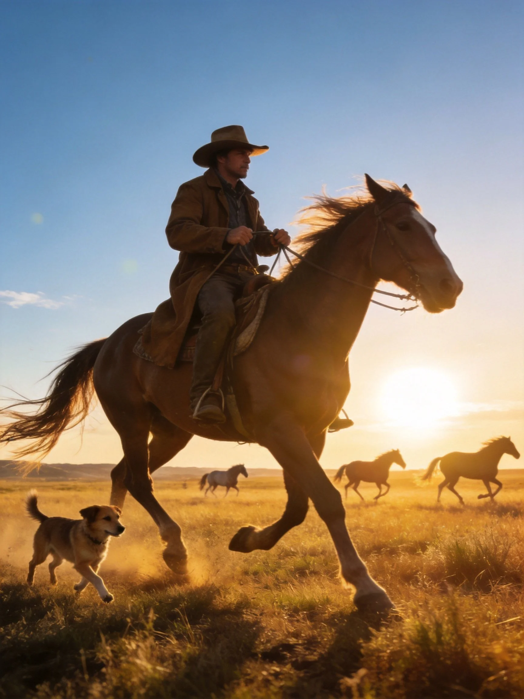 A cowboy rides a horse with a dog herding horses in a sunlit field.