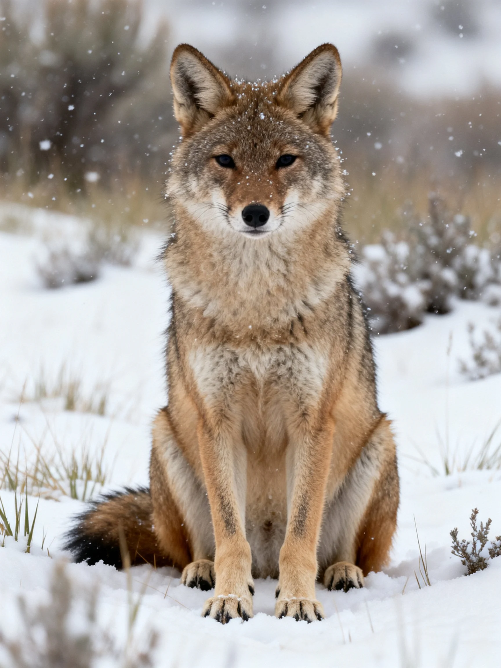 A coyote sits in a snowy landscape with falling snowflakes