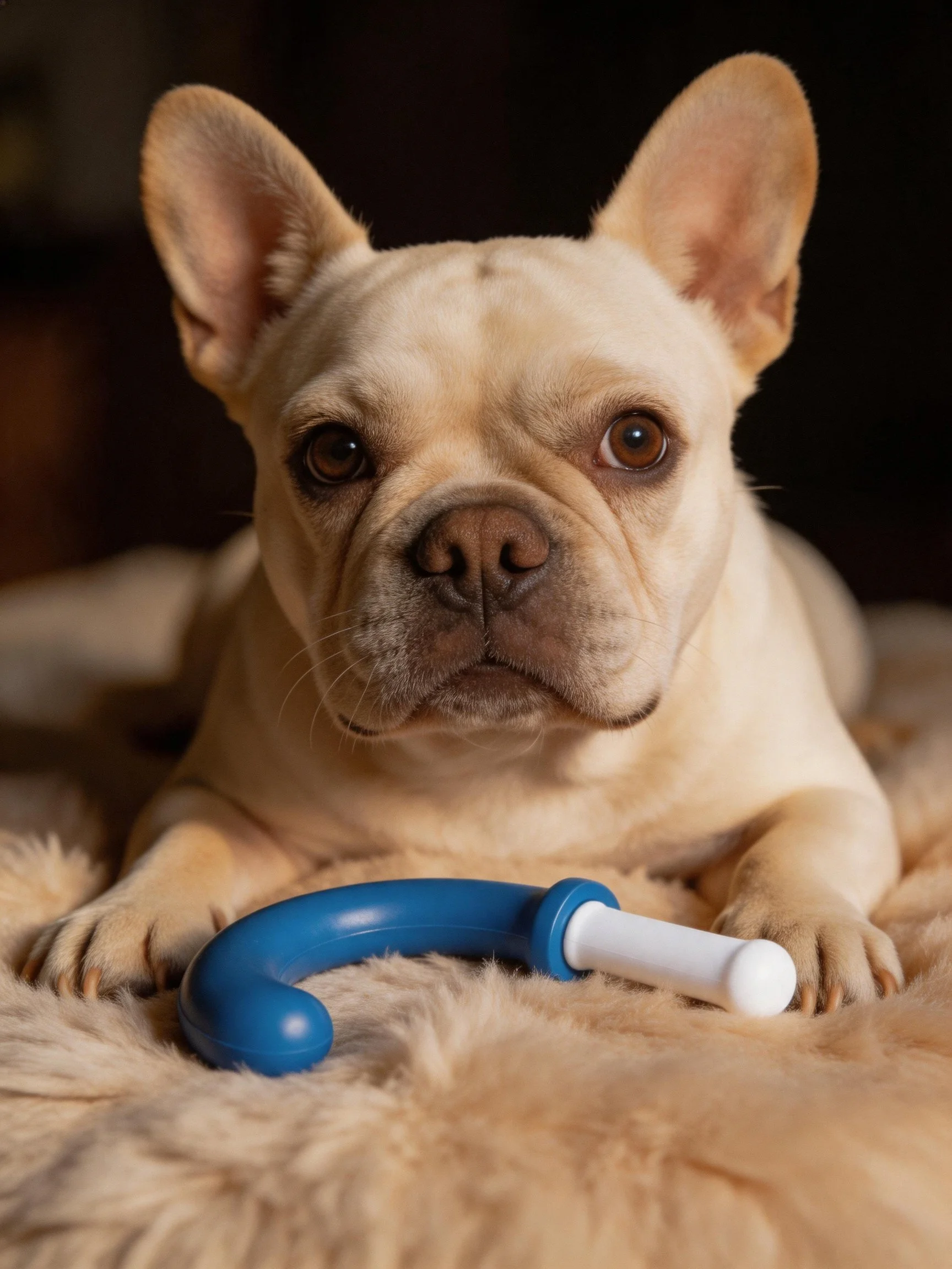 A cream - colored FrenchBulldog lies next to a blue and white toy