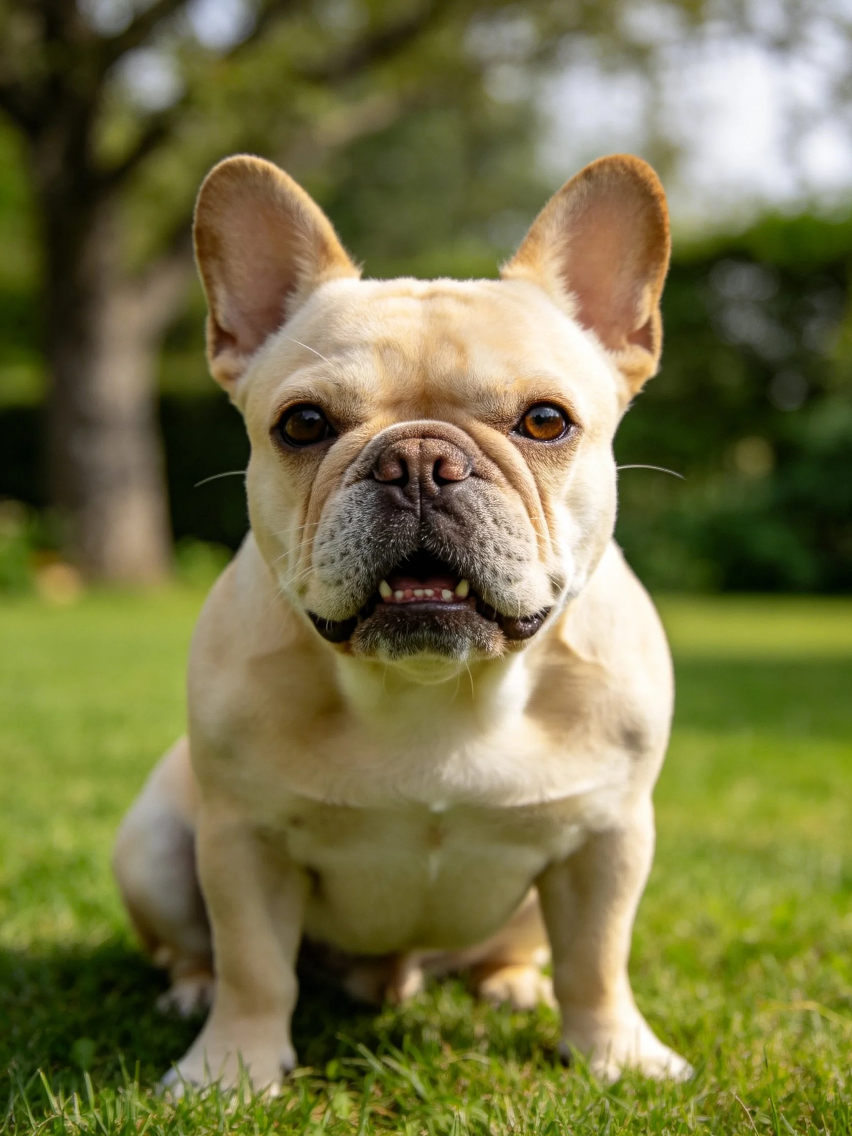 A cream - colored French bulldog sits calmly on green grass in a sunny outdoor setting.