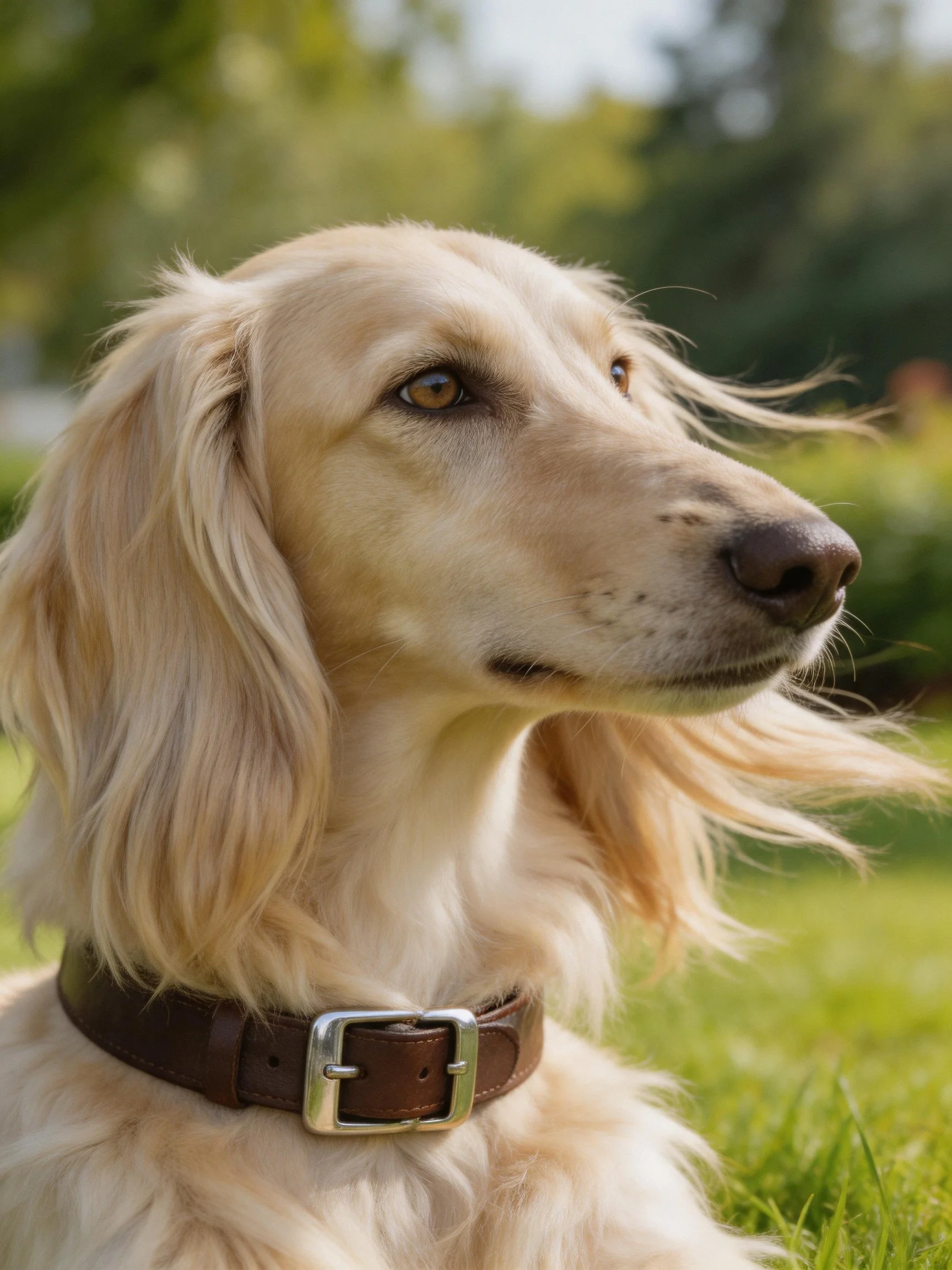 A cream-colored dog with a brown collar relaxes in a sunlit grassy setting.