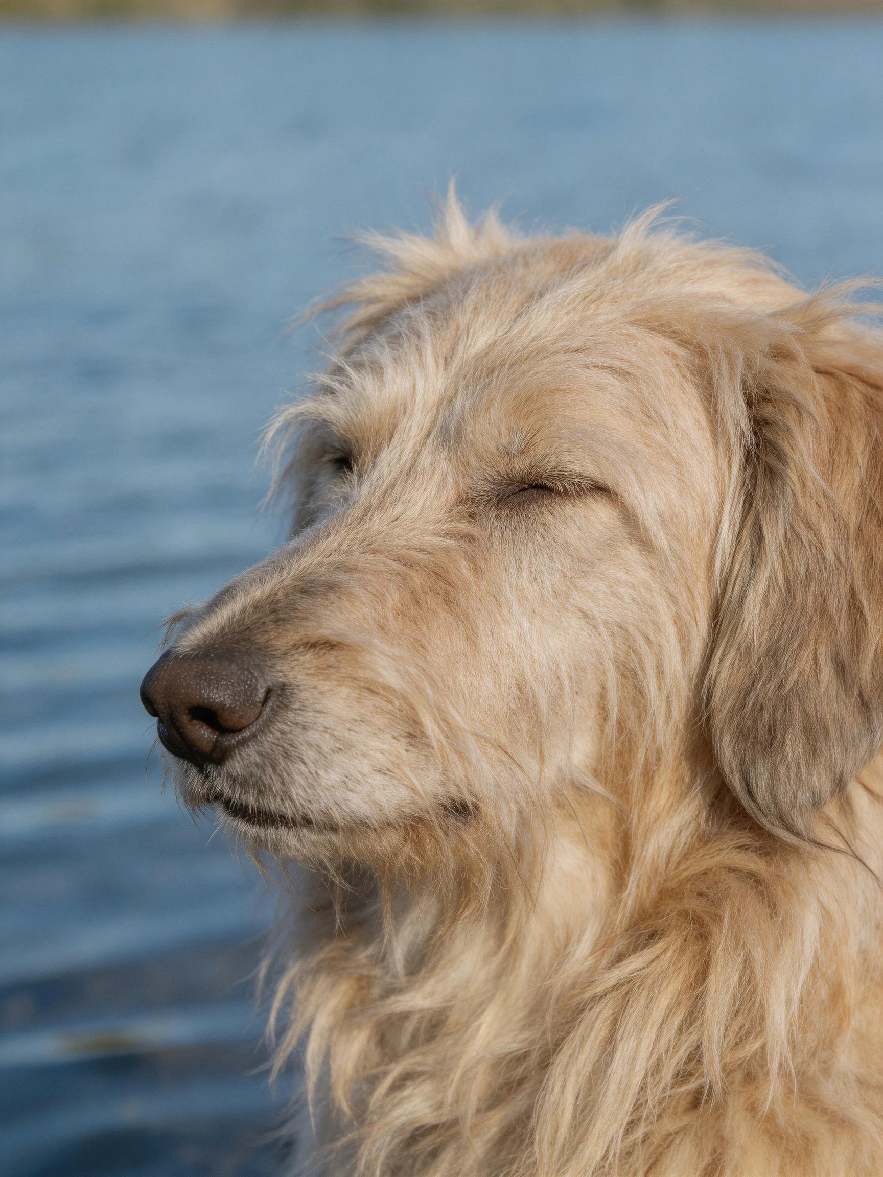 A cream - colored dog with closed eyes stands beside calm blue water.