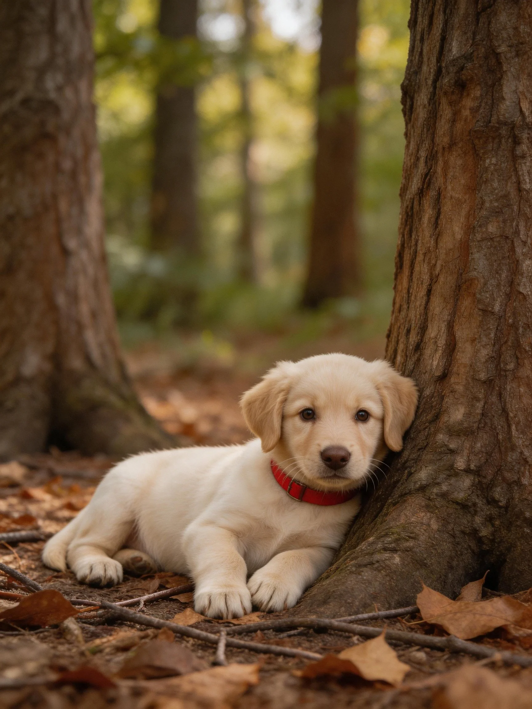 A cream puppy with a red collar lies next to a large tree in a leaf-covered forest.