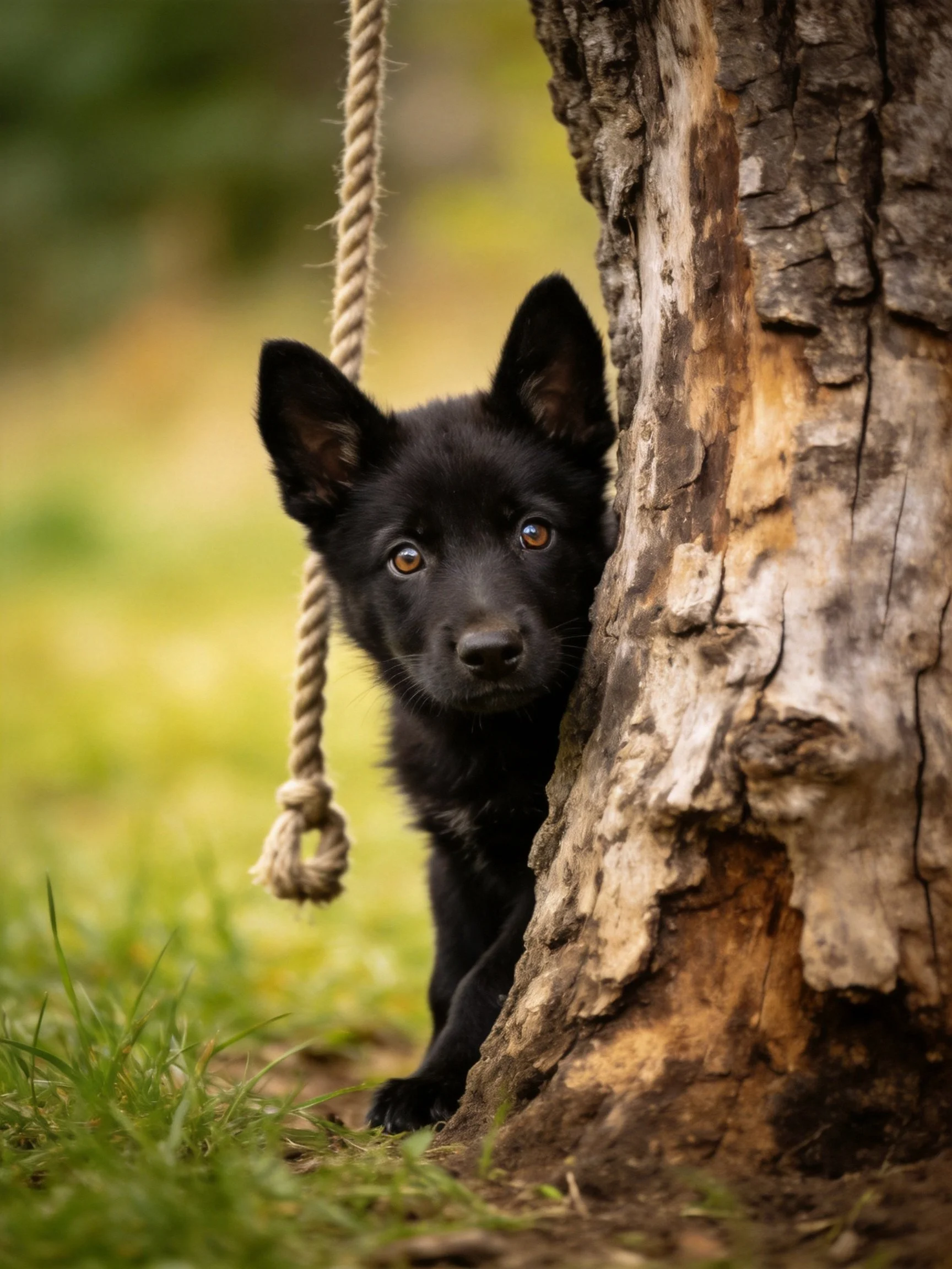 A curious black puppy peeks from behind a weathered tree trunk in a natural outdoor setting.