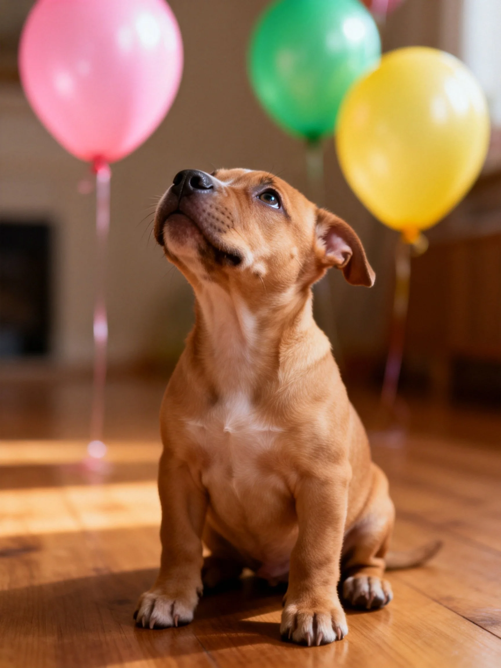 A curious brown puppy looks up near colorful balloons indoors