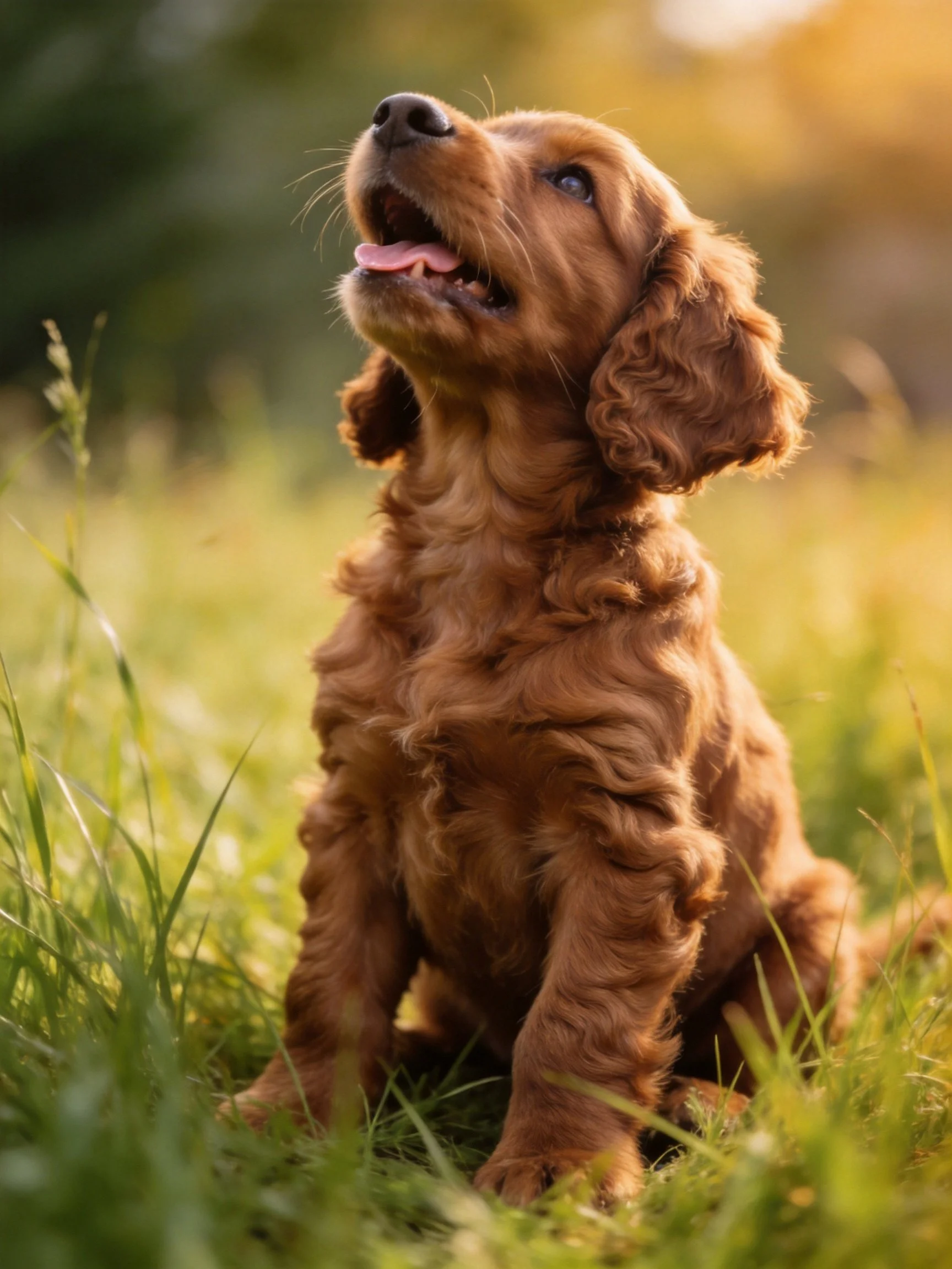 A curious brown puppy with curly fur sitting in green grass