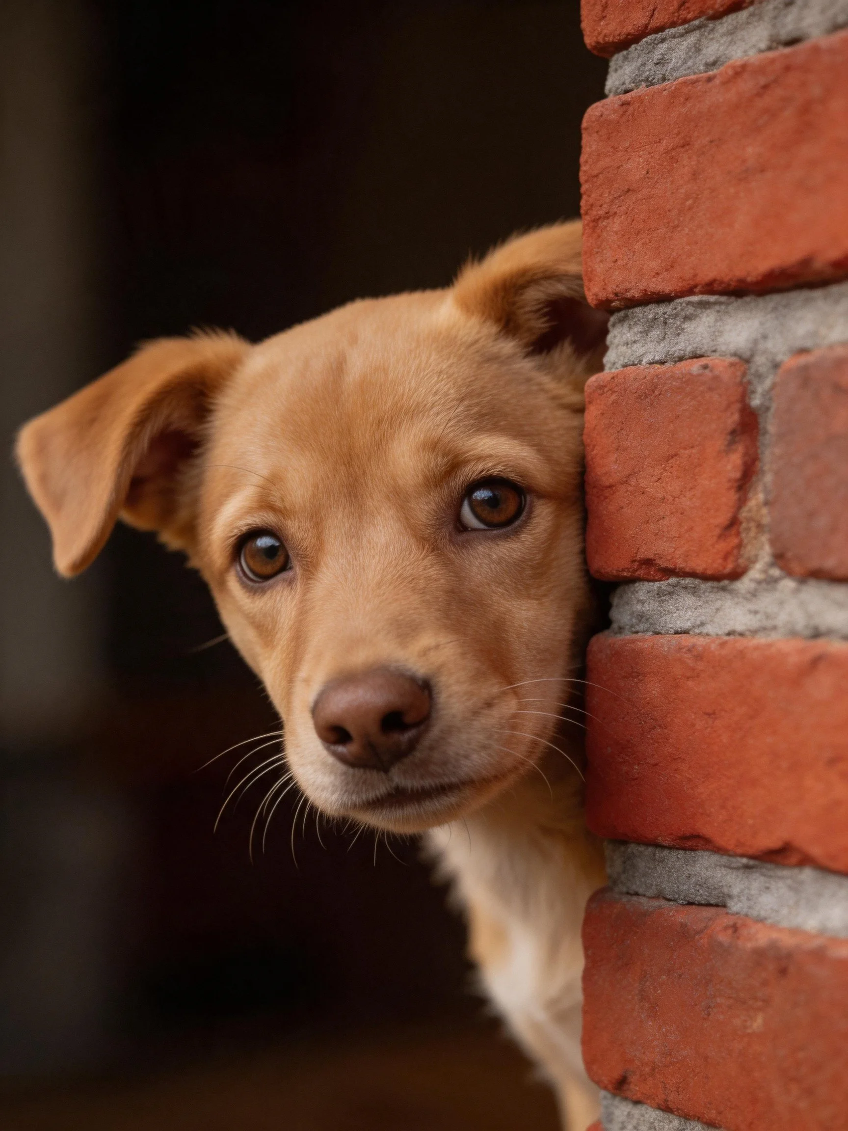A curious tan puppy peeks from behind a red brick wall.