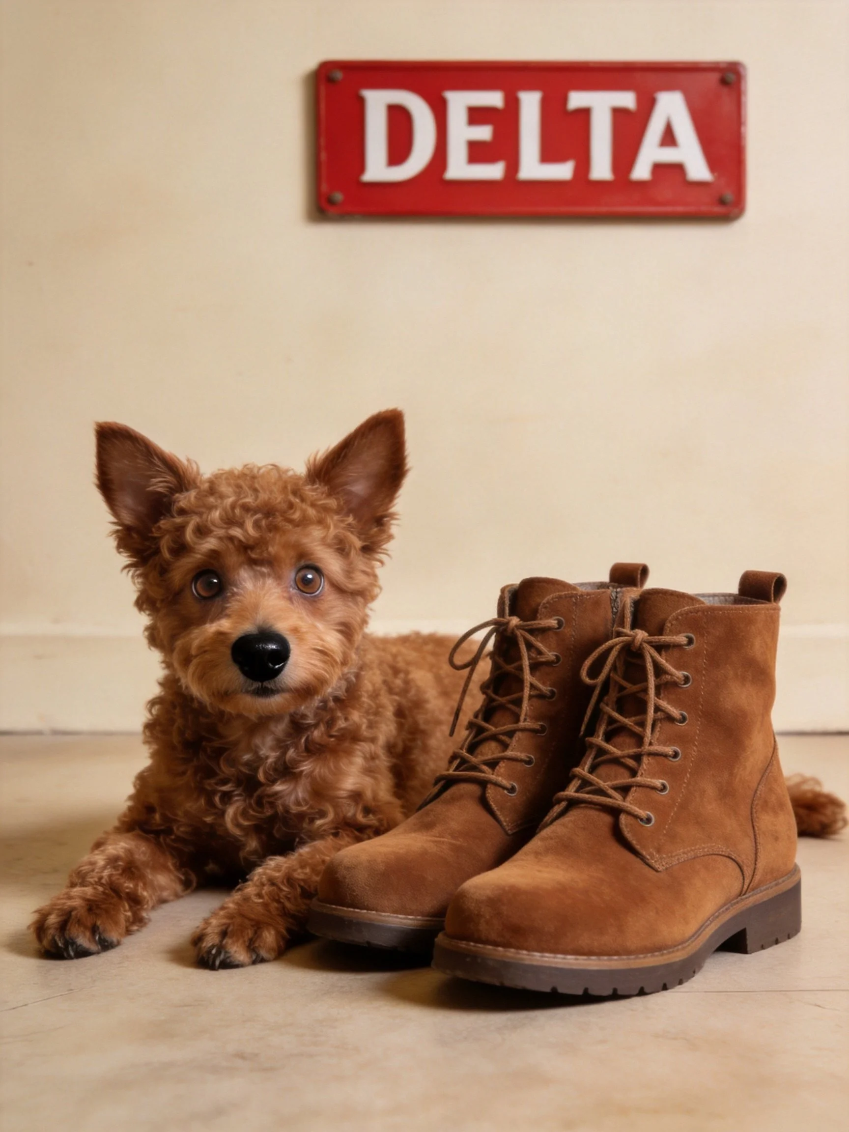 A curly brown dog lies next to tan boots beneath a red Delta sign.