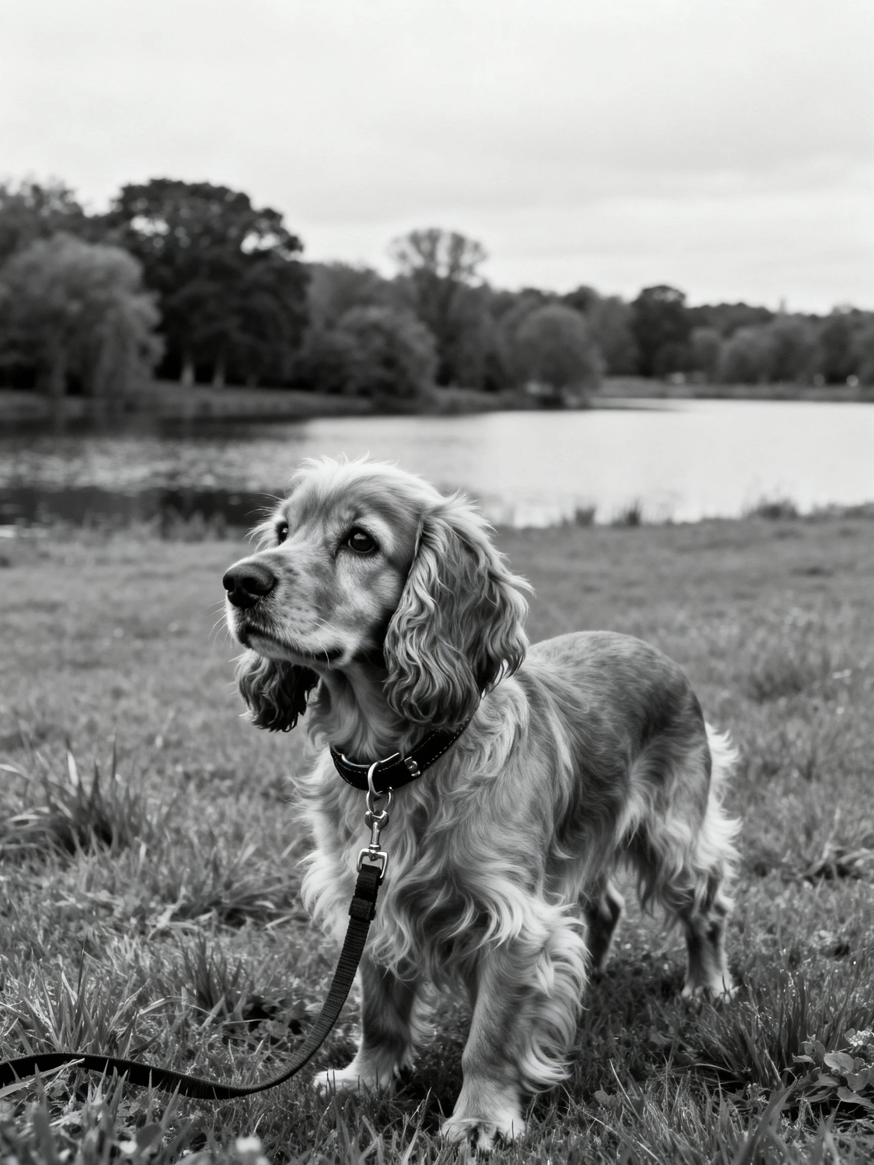 A curly-coated dog stands on grass beside a calm lake