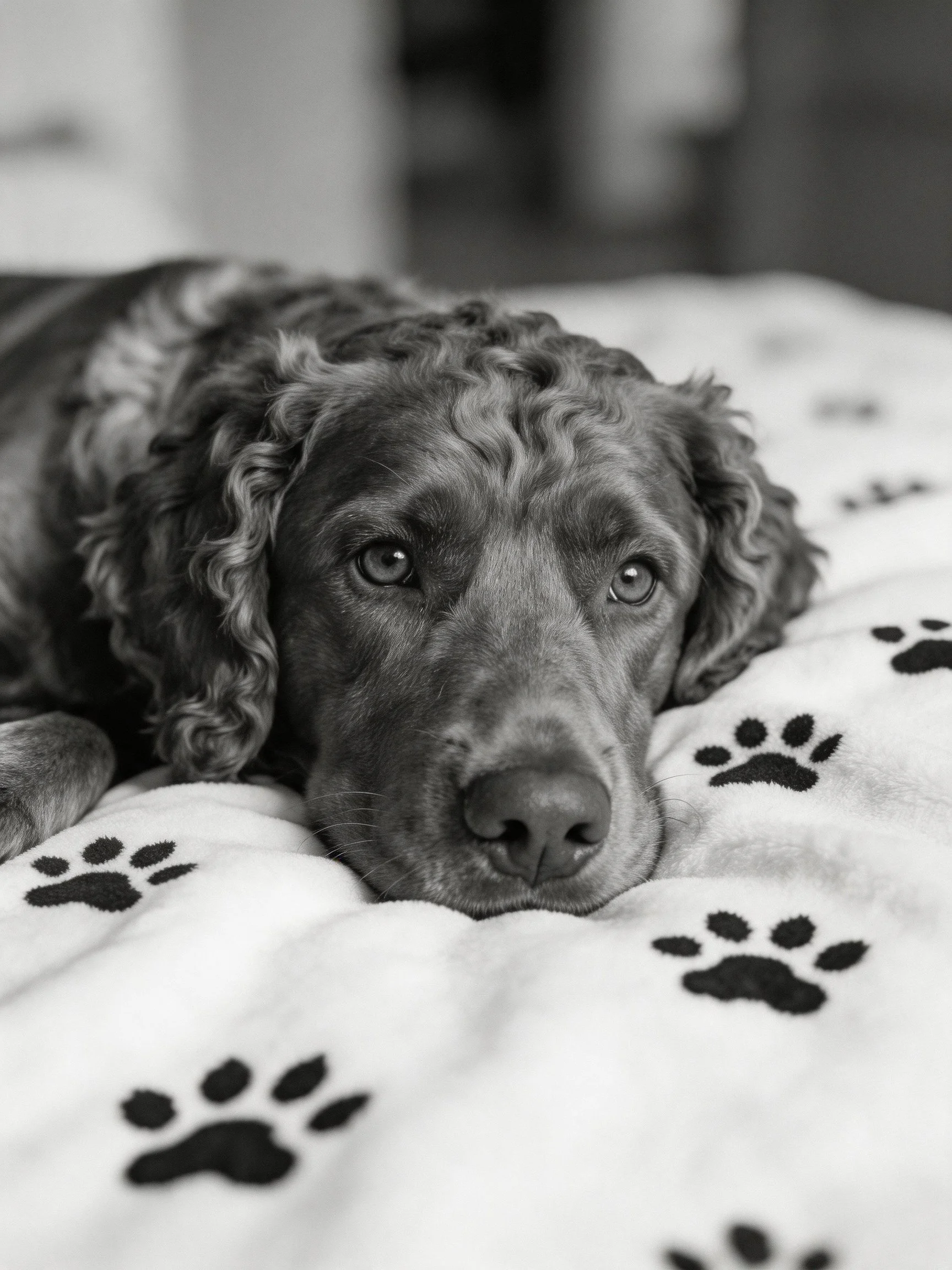A curly-furred dog lies on a paw-print blanket