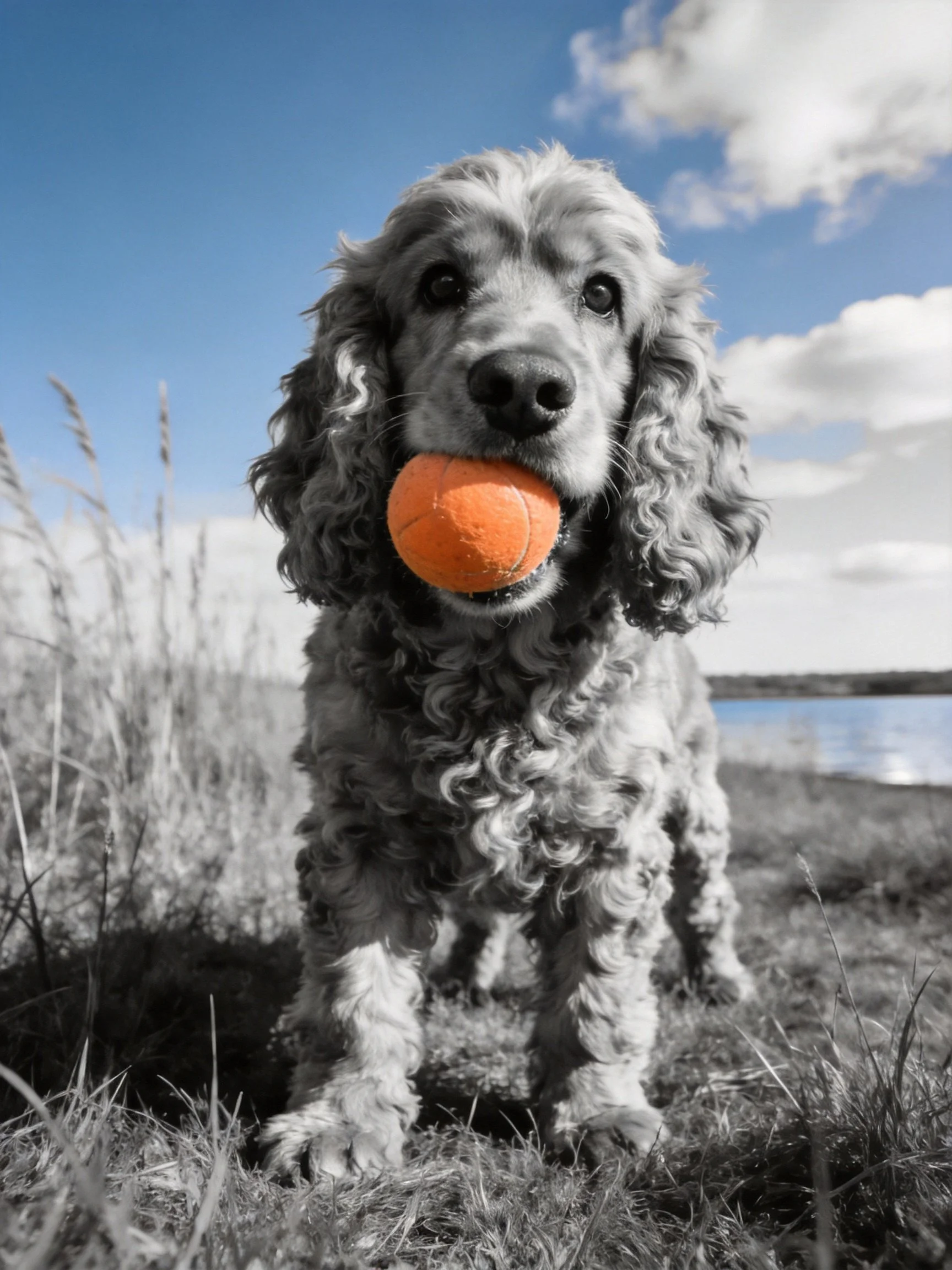 A curly-haired dog carries an orange ball near water and sky