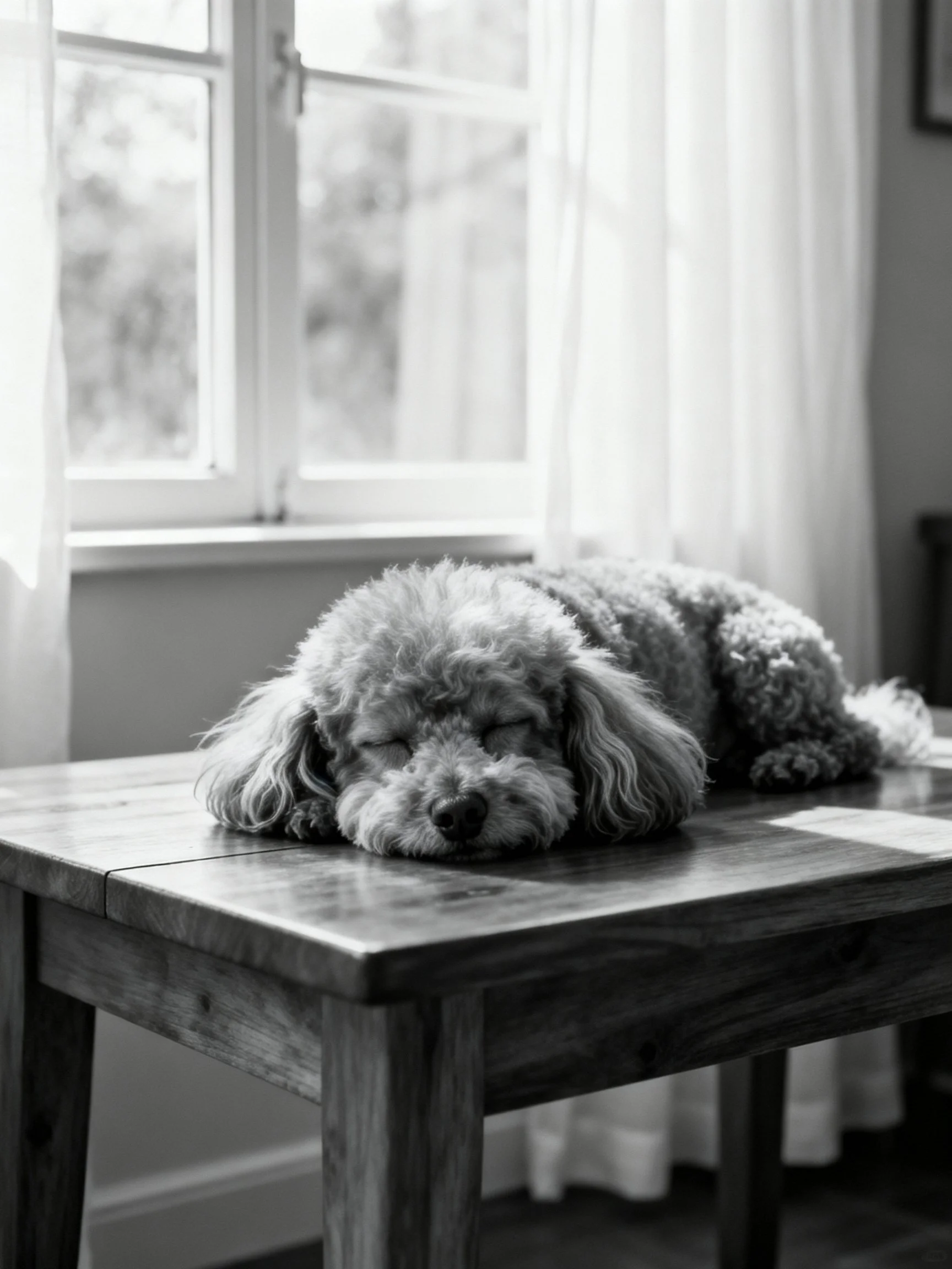A curly-haired dog rests on a polished wooden table near a sunlit window