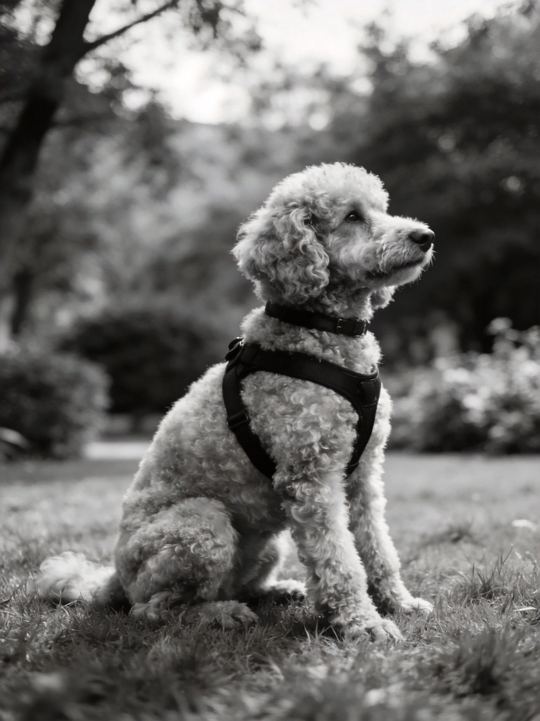 A poodle with a harnesssits calmly in a grassy outdoor area.