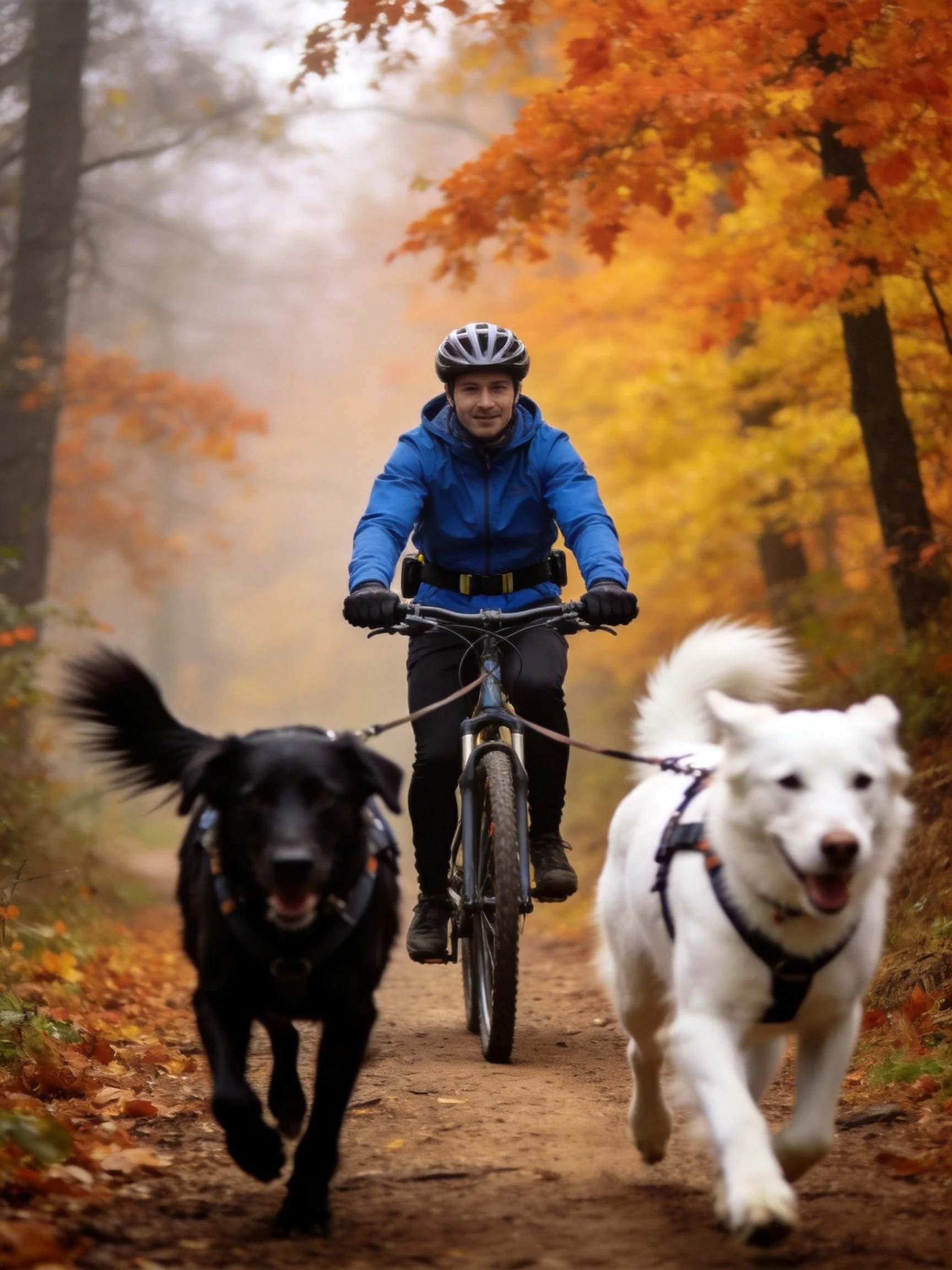 A cyclist rides a bike pulled by two dogs through an autumn forest.