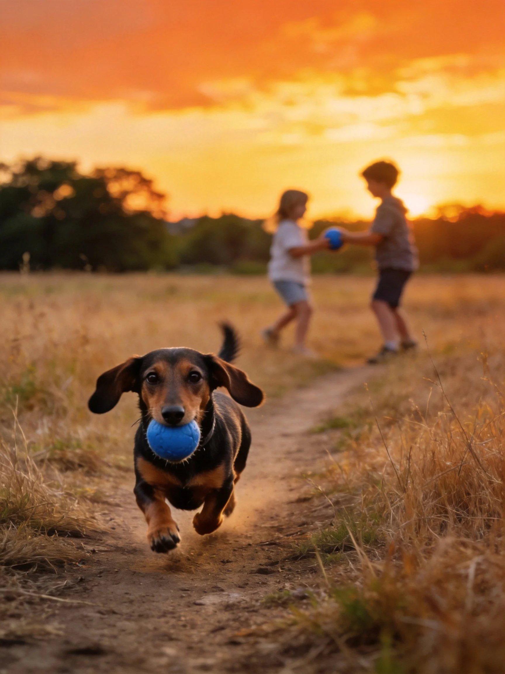 A dachshund carries a blue ball near children on a dirt path at sunset