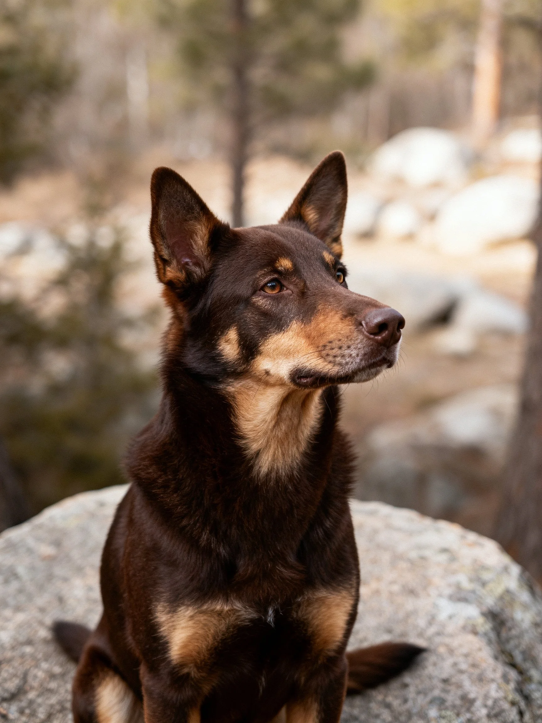 A dark brown and tan dog sits on a rock in a forested area.