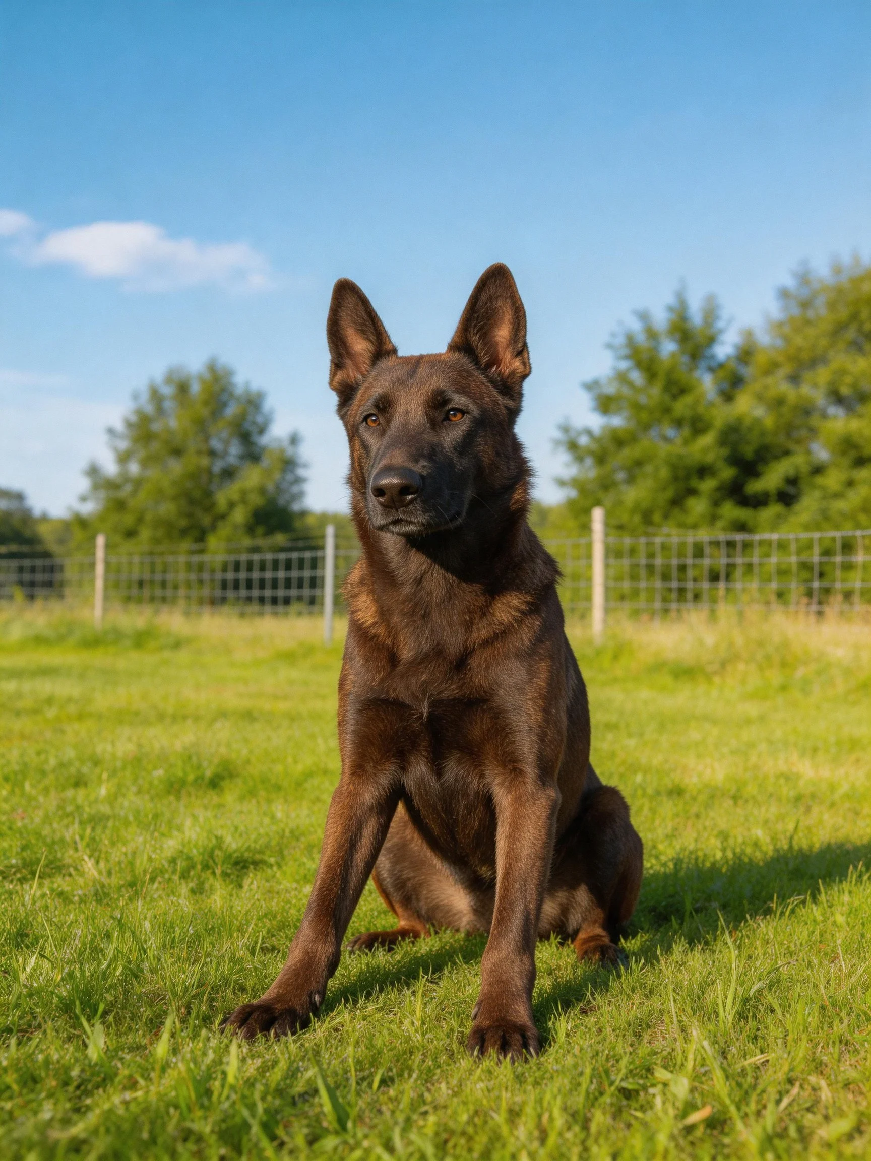 A dark brown dog sits on lush green grass in an open field
