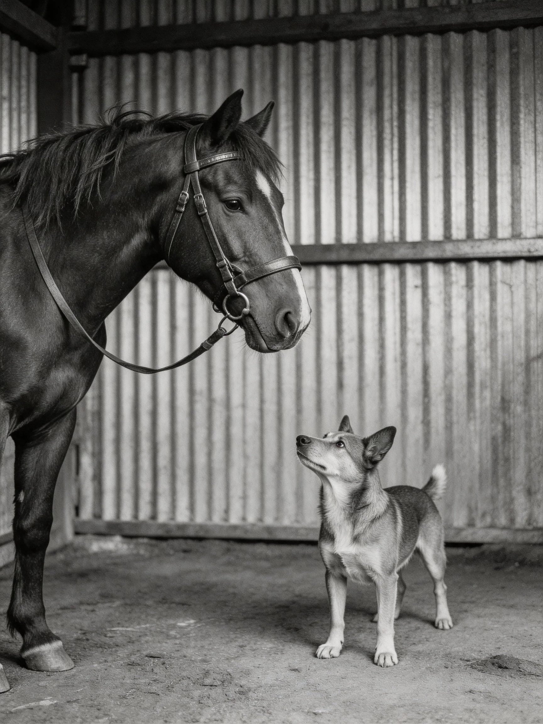 Horse and dog interact in a corrugated stable interior.