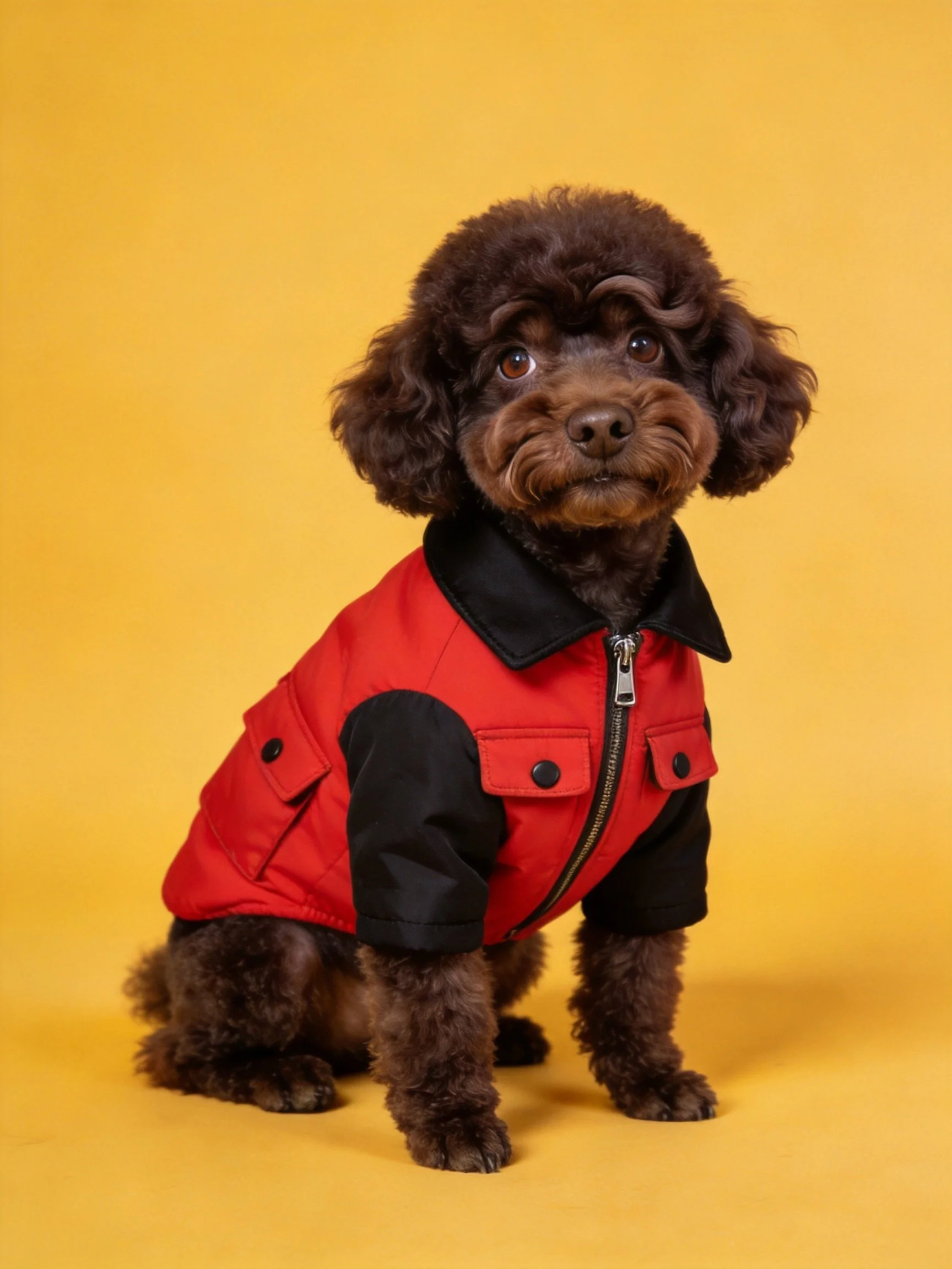 A dark brown poodle wears a red and black jacket on a yellow surface.