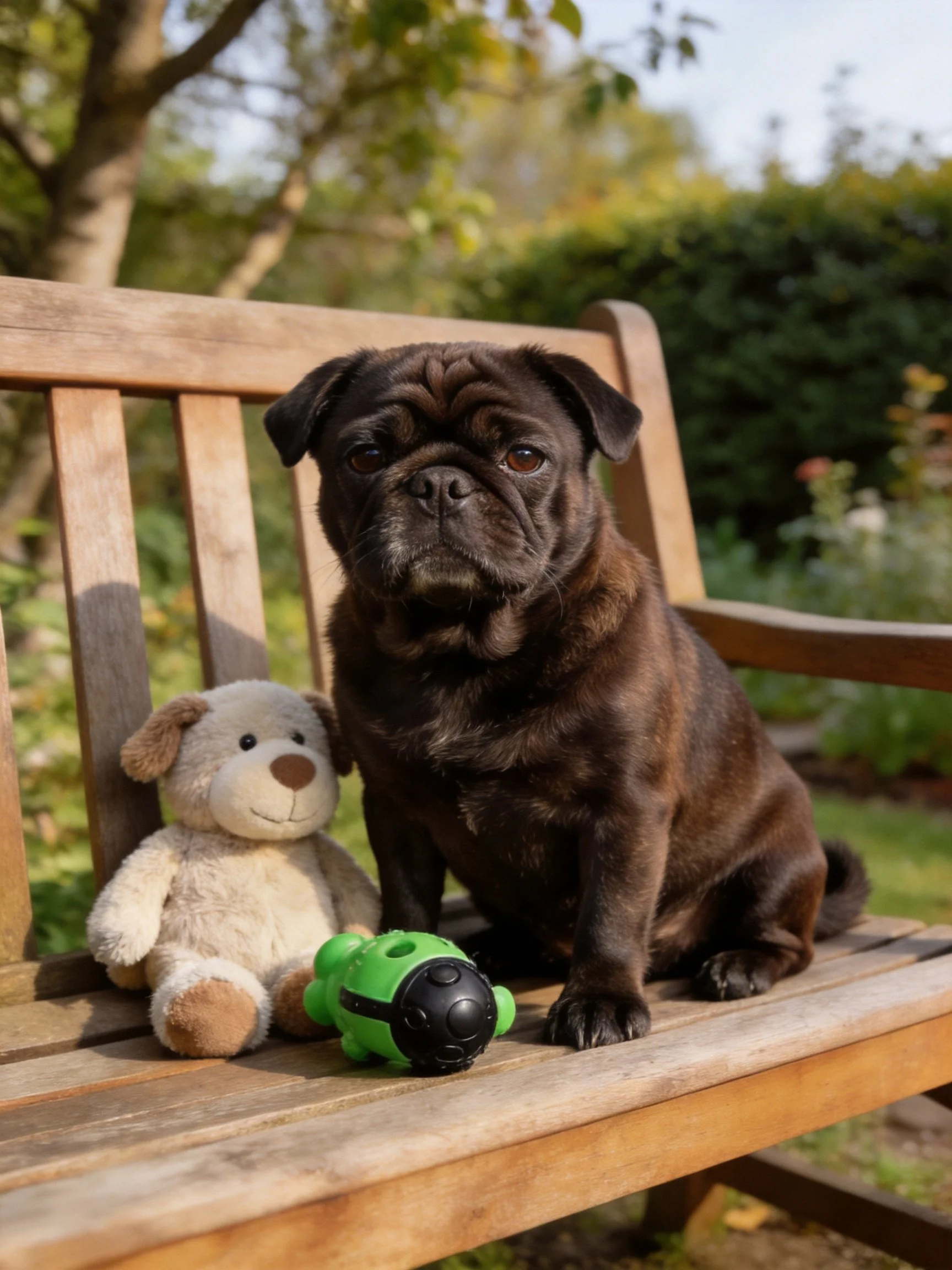 A dark brown pug sits beside a beige stuffed dog and green toy on a wooden bench